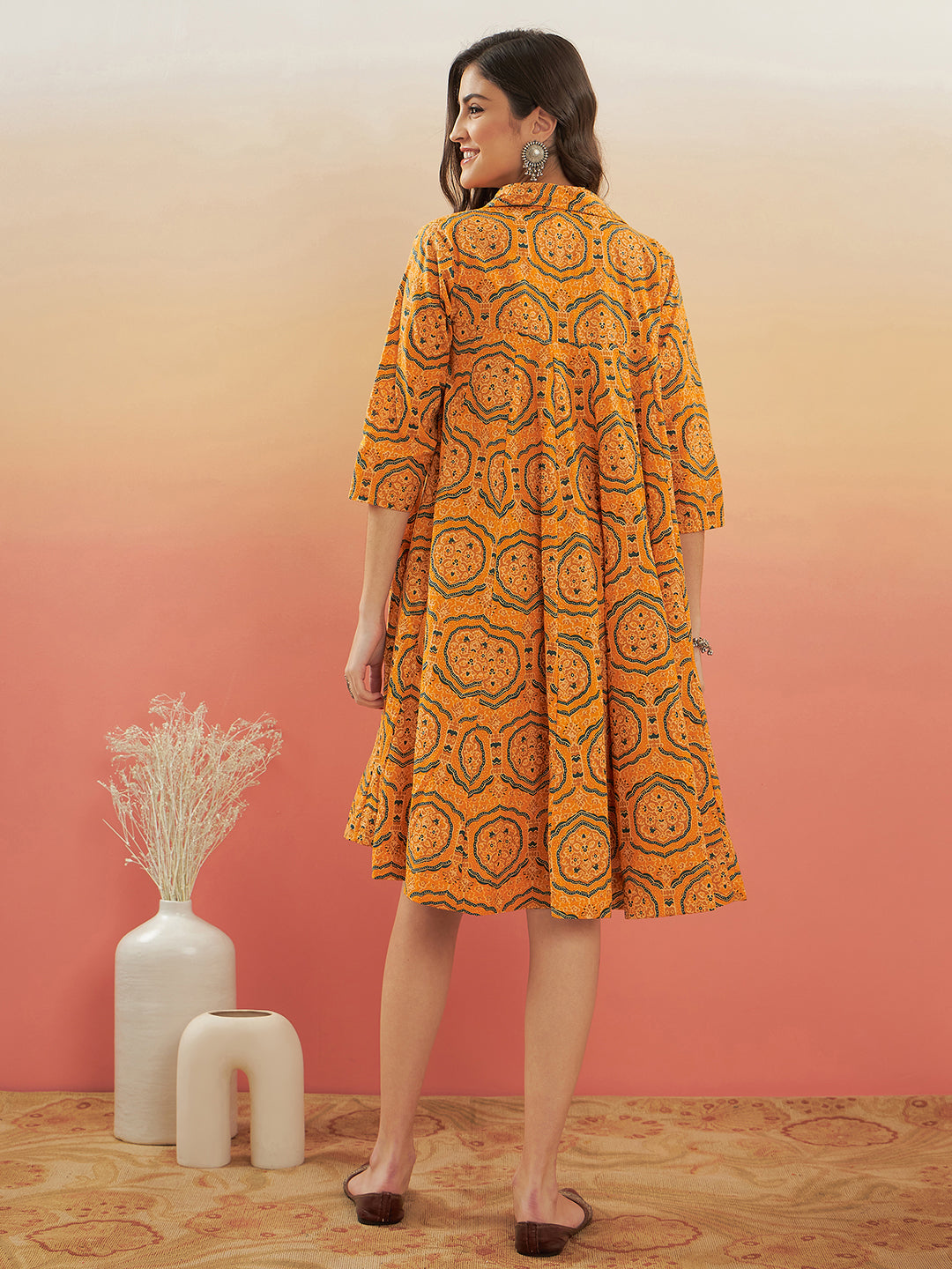 InWeave Women's Haldi Yellow Mughal Kalamkari Flared Dress 