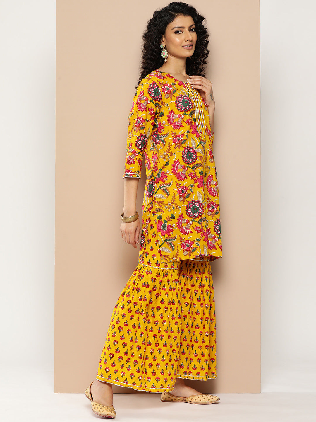 KSUT (House of Varanga) Yellow & Pink Floral Printed Kurta with Gota Work With Sharara & Dupatta