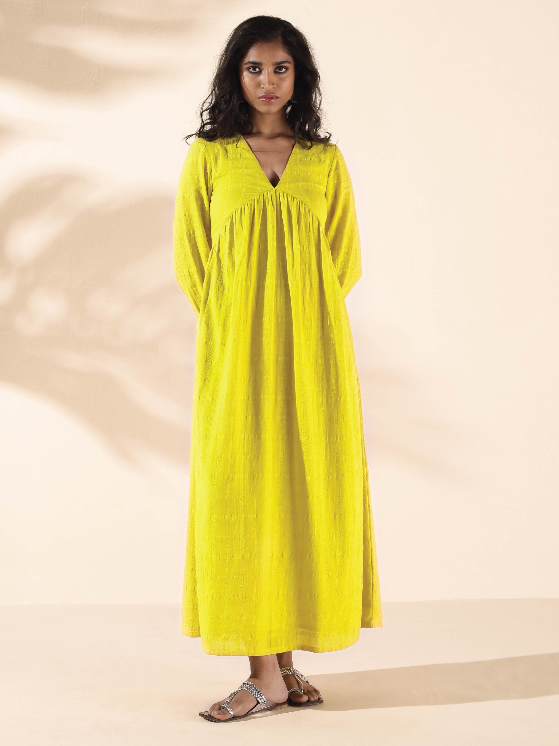 trueBrowns Lime Cotton Dobby Flared Dress 