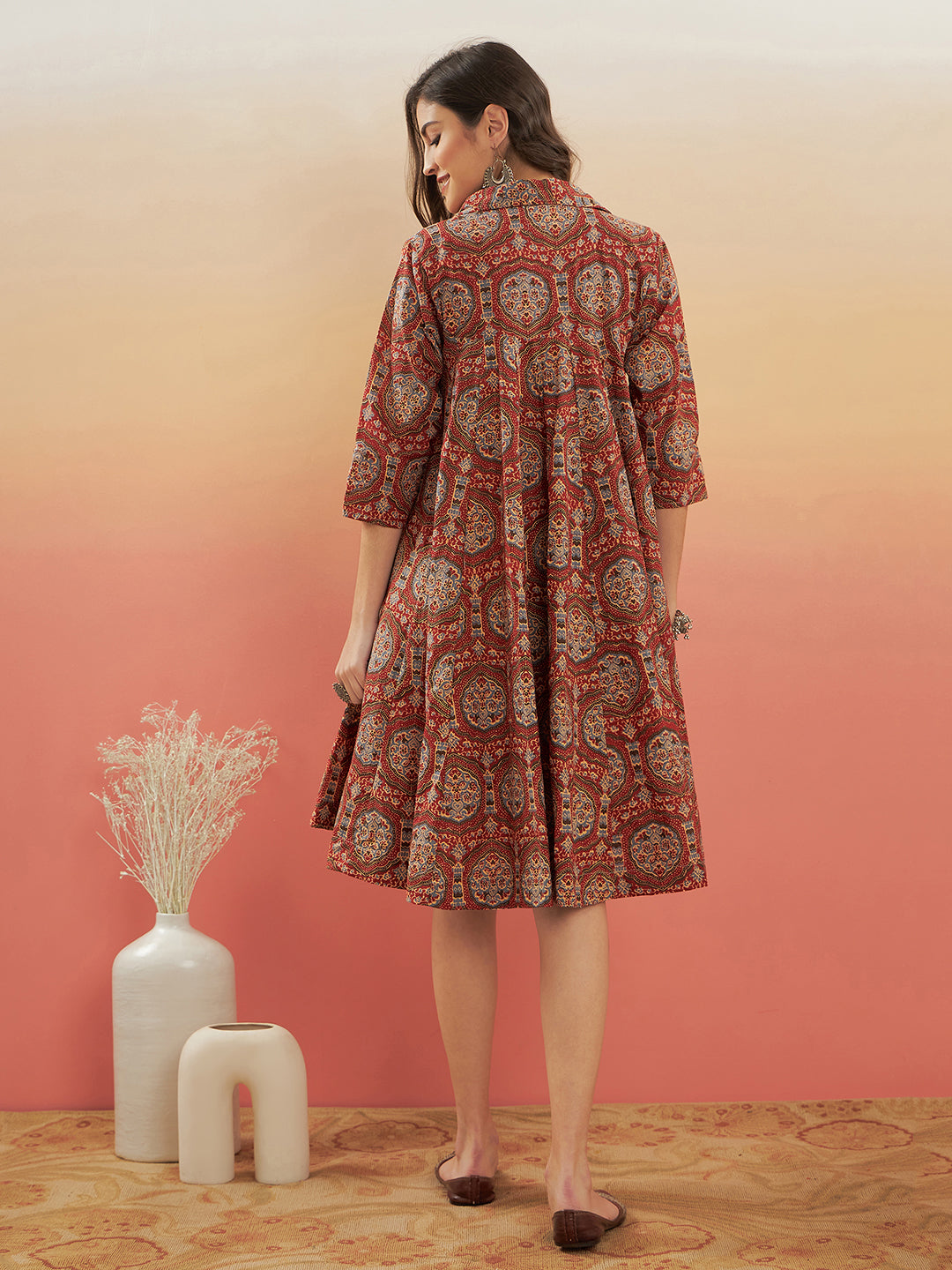 InWeave Women's Maroon Mughal Kalamkari Flared Dress 