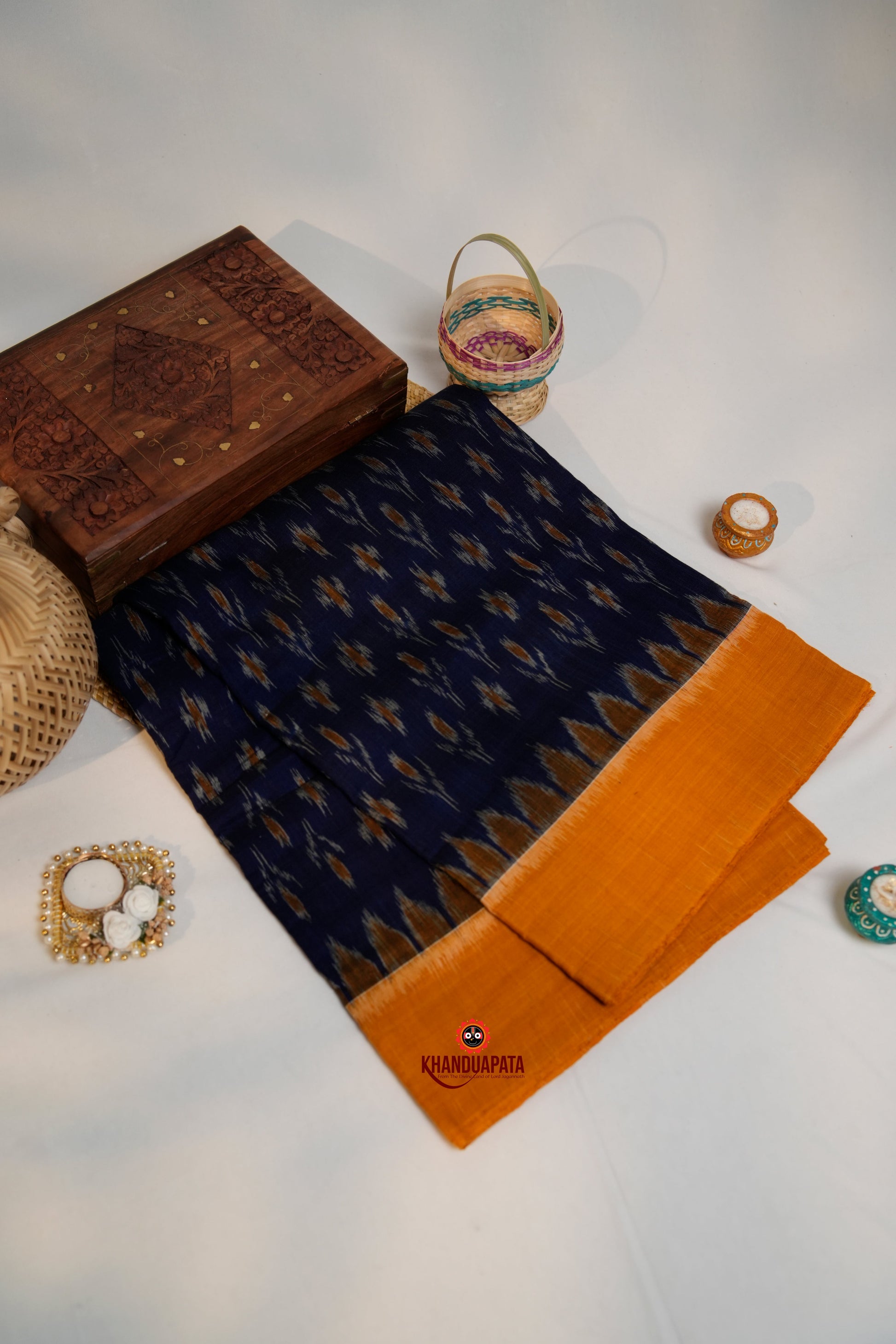 khanduapata Blue & Orange Colour Flower Design Cotton Saree For Women