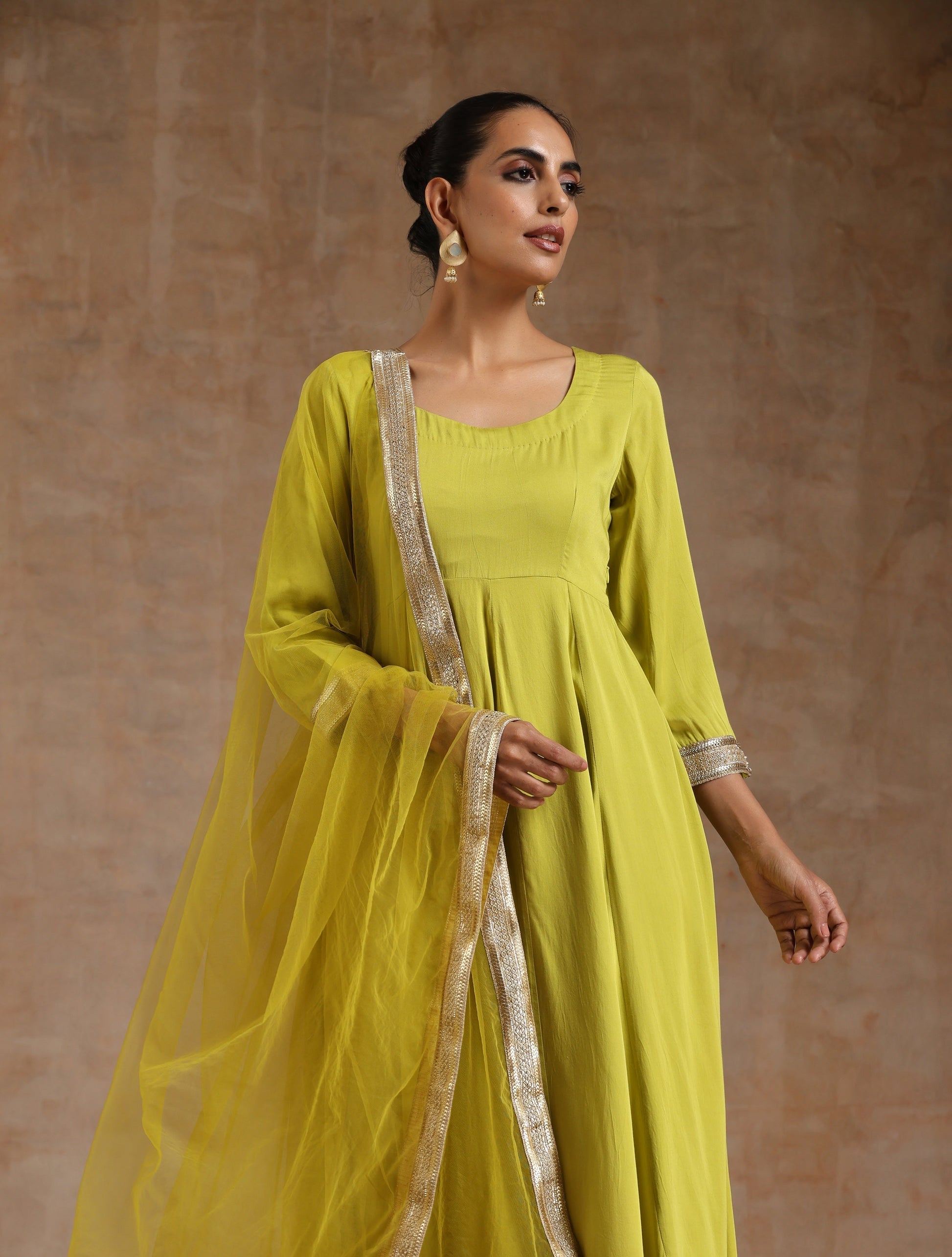 trueBrowns Lime Modal Satin Anarkali Set 