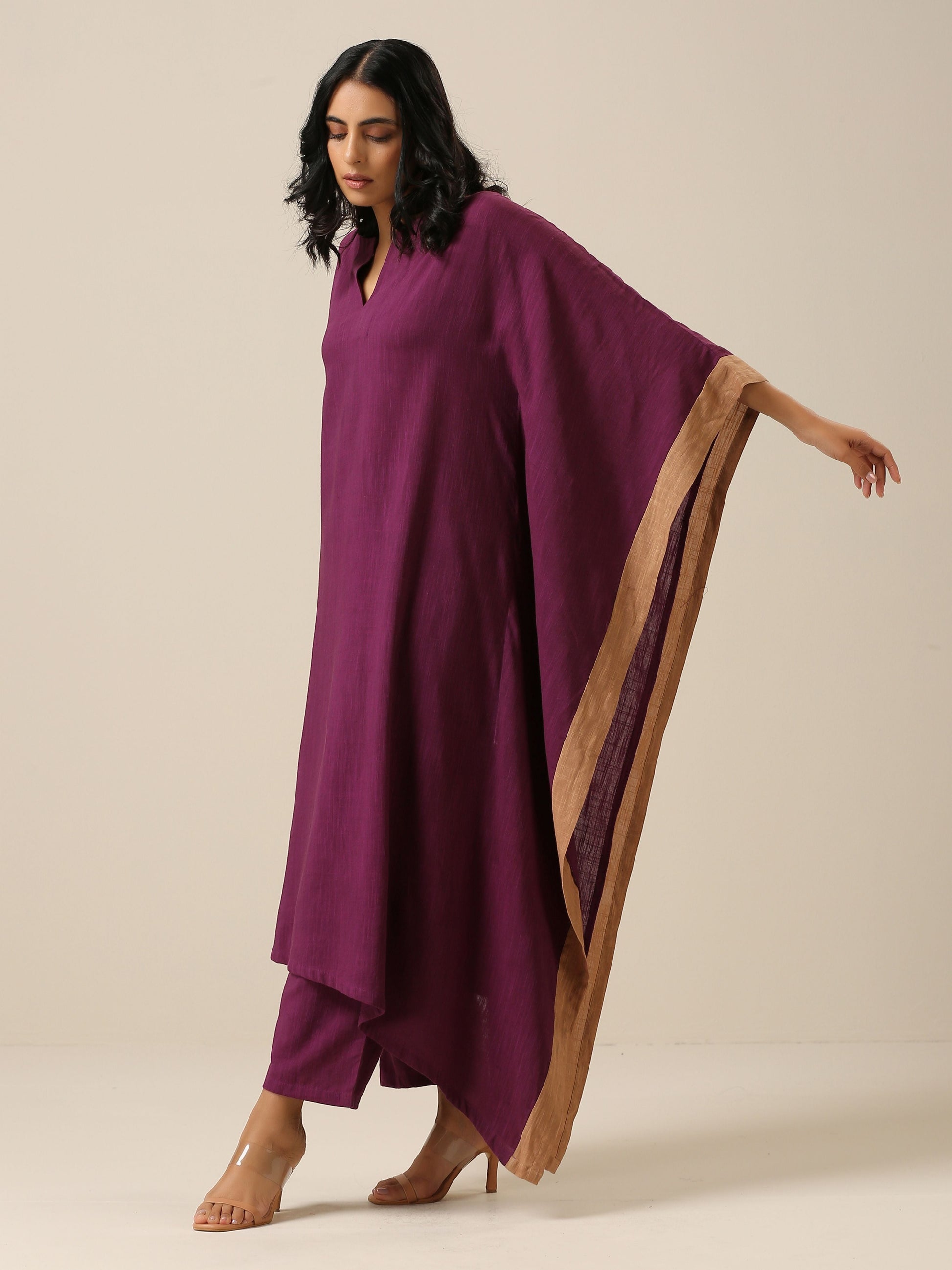 trueBrowns Plum Purple Slub Texture High Low Kaftan Pant Set 