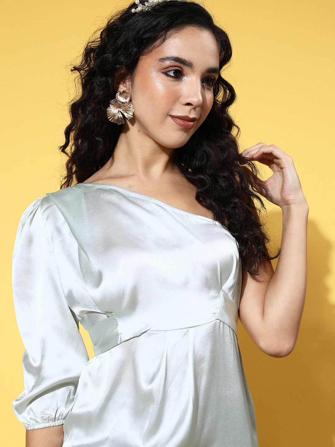 InWeave One Shoulder Satin Top In Silver Colour 