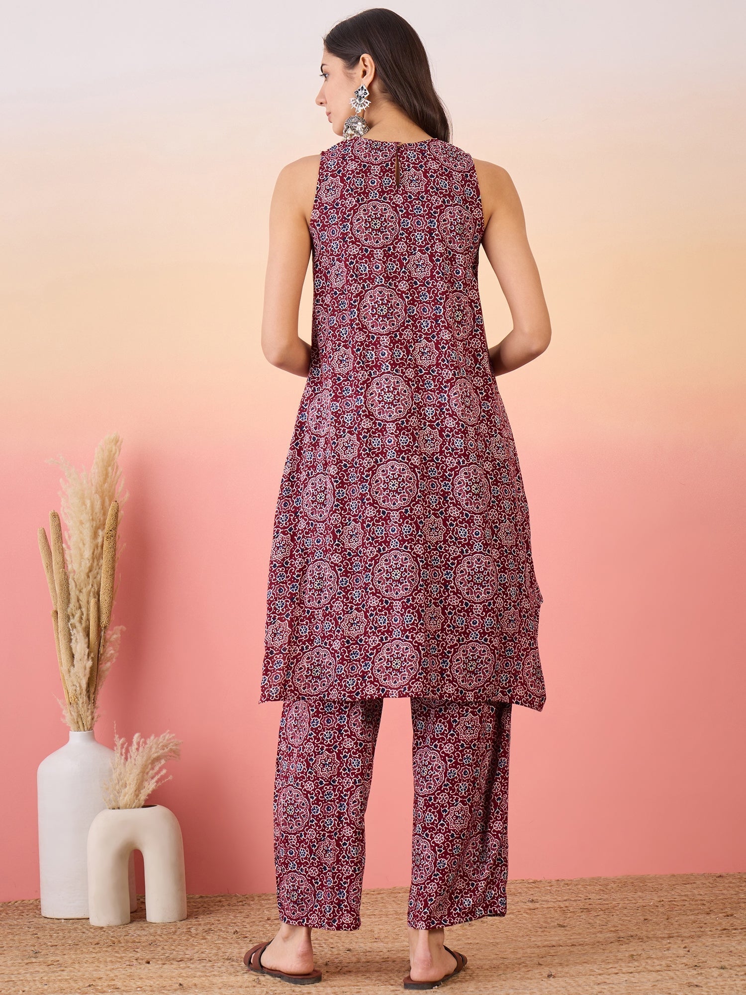 InWeave Maroon Navy Ajrakh Foil Round Neck Kurta Pant Set 