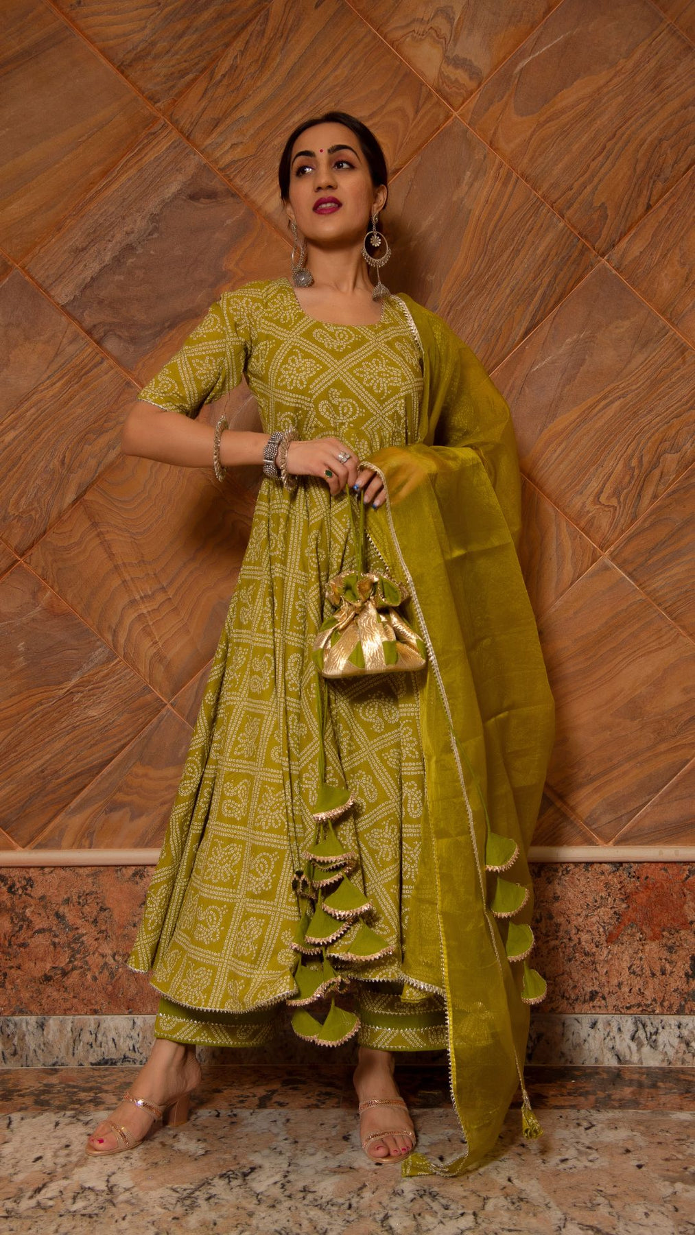 Pomcha Jaipur Bandhej Mehndhi Green Cotton Anarkali Set 