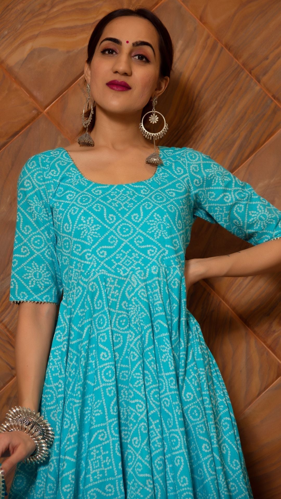 Pomcha Jaipur Bandhej Blue Cotton Anarkali Set 