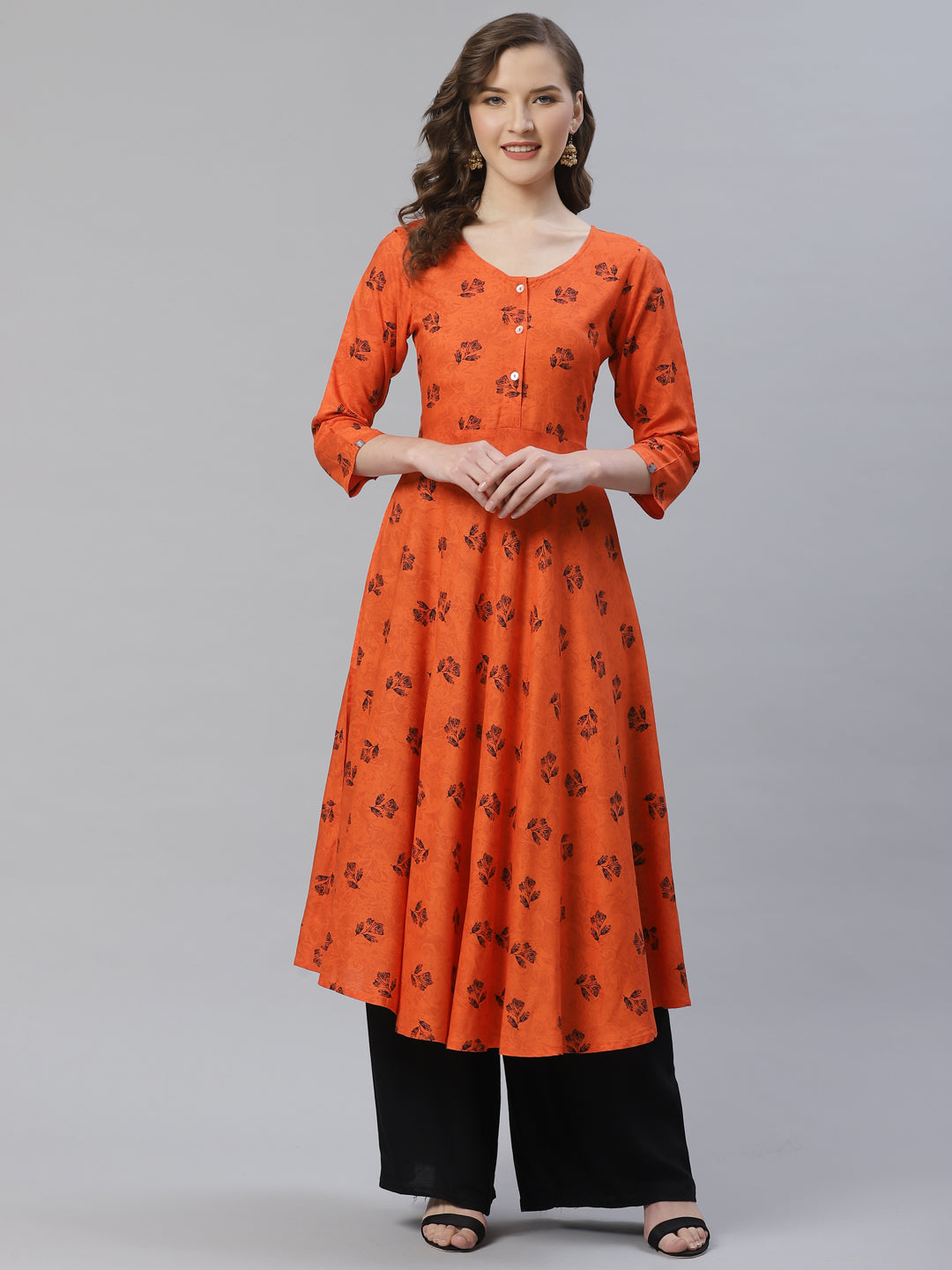 Jompers Women Orange & Black Floral Printed A-Line Kurta