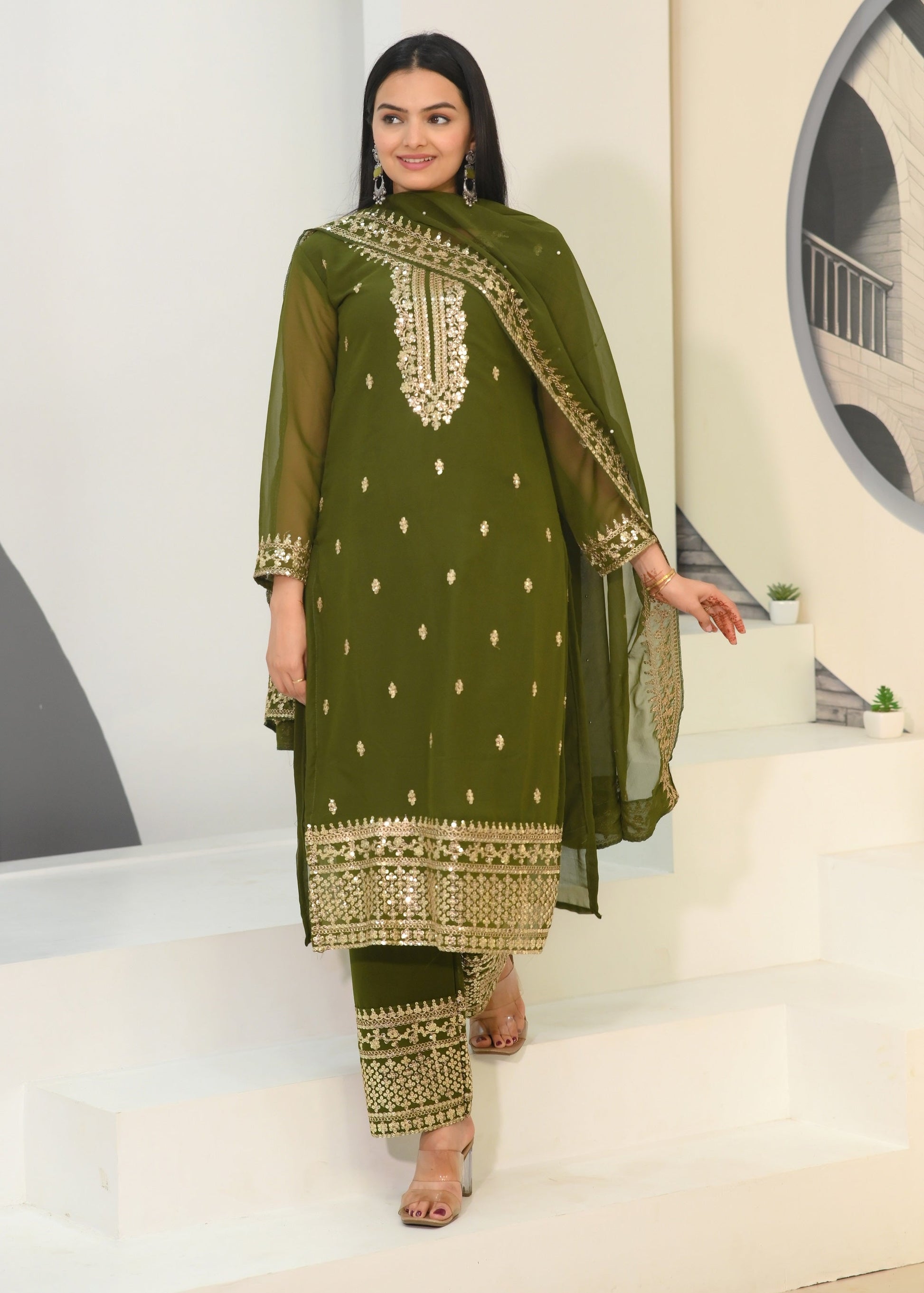 Teeya Creation Mehndi Color Faux Georgette Silk Heavy Embroidery Work Fully Stitched Salwar Suit