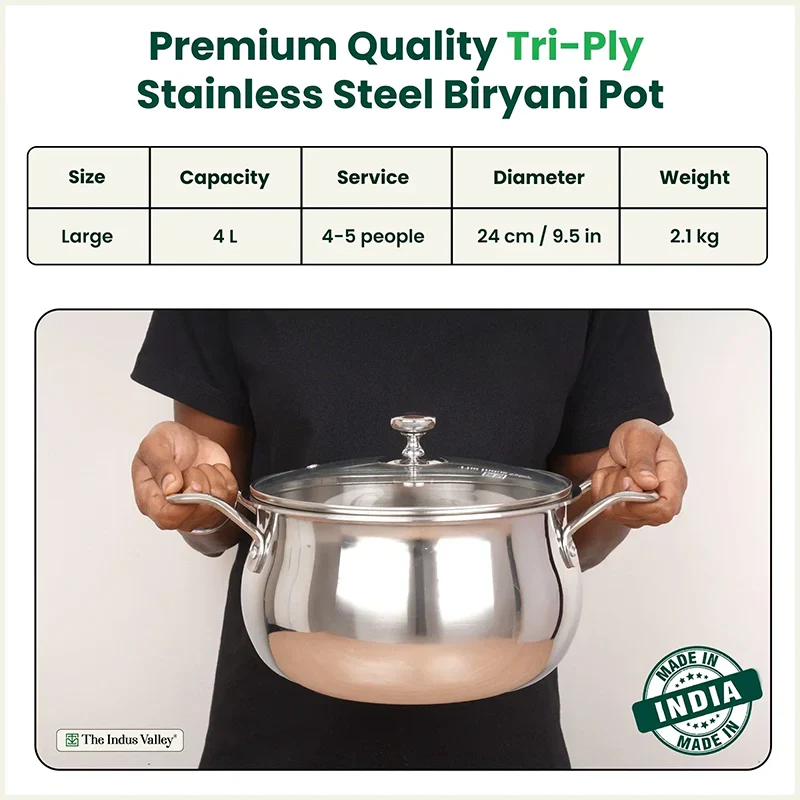 The Indus Valley TurboCuk Tri-ply Stainless Steel Handi Casserole/ Biryani Cooking Pot+ Glass Lid, Premium Quality, 3 Layer Thick Body, 100% Toxin-free, Non-stick, Induction & Gas, 4L  Grab2Buy The Indus Valley Grab2Buy