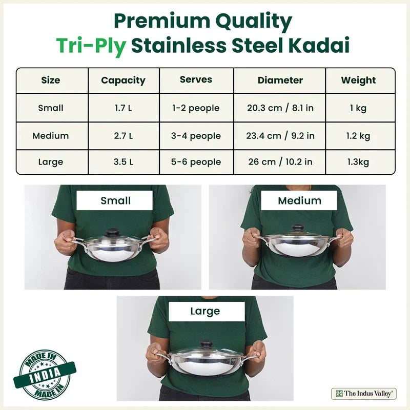 The Indus Valley TurboCuk Tri-ply Stainless Steel Kadai+ Glass Lid, Premium Quality, 3 Layer Thick Body, 100% Toxin-free, Non-stick, Induction & Gas, 1.7/2.7/3.5L  Grab2Buy The Indus Valley Grab2Buy