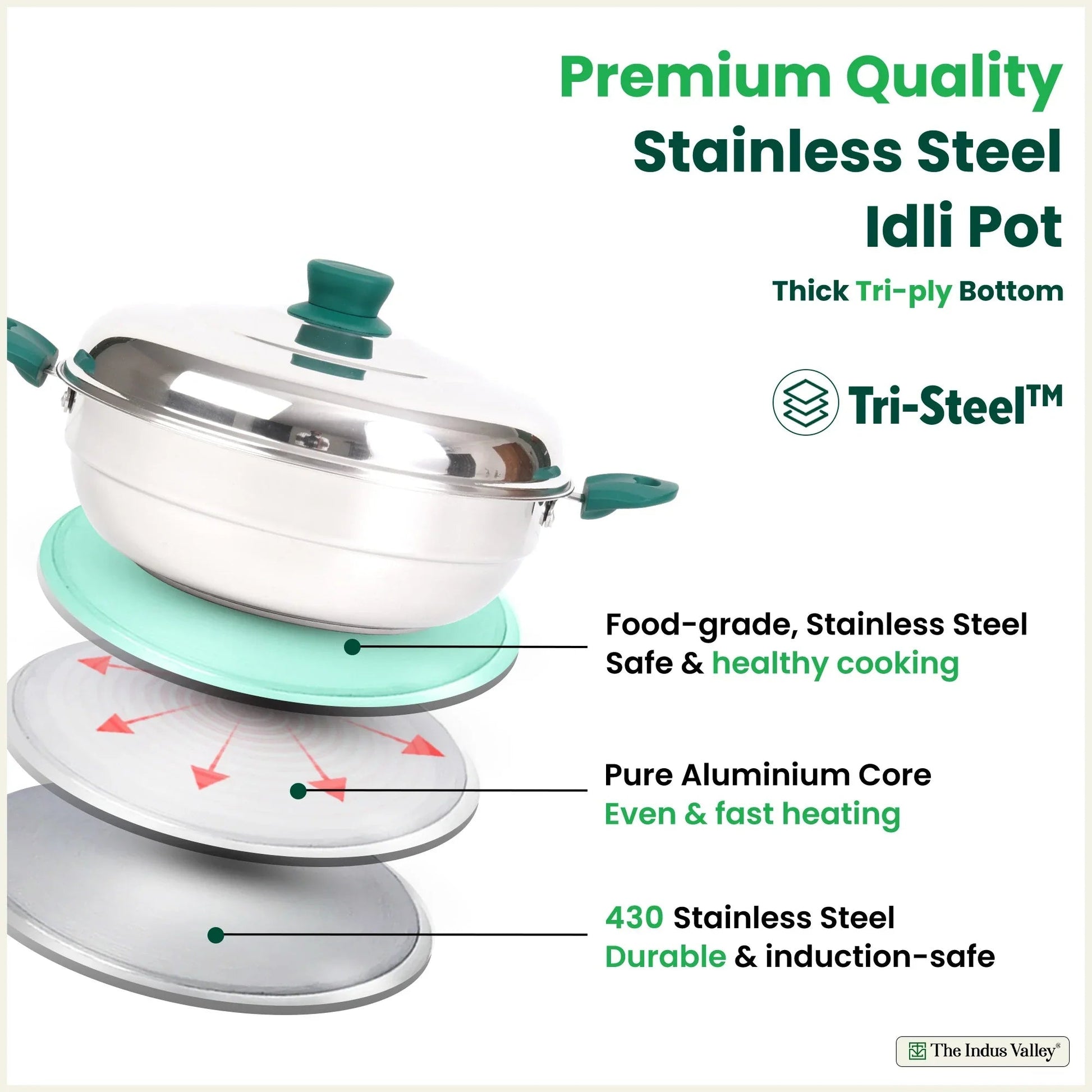 The Indus Valley 14 Pit Tri-Steel Multi Pot Premium Stainless Steel Idli/ Momo Maker/ Veg Steaming Set, Tri-ply Induction Bottom, 2 Plates, 27cm 