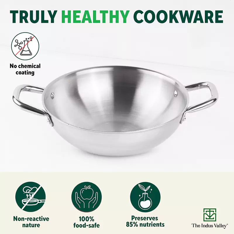 The Indus Valley TurboCuk Tri-ply Stainless Steel Cookware Set: 2.2L Kadai+ 1.4L Frypan+ 1.2L Tea/Milk pan, Premium Quality, 3 Layer Thick Body, 100% Toxin-free, Non-stick, Induction & Gas  Grab2Buy The Indus Valley Grab2Buy