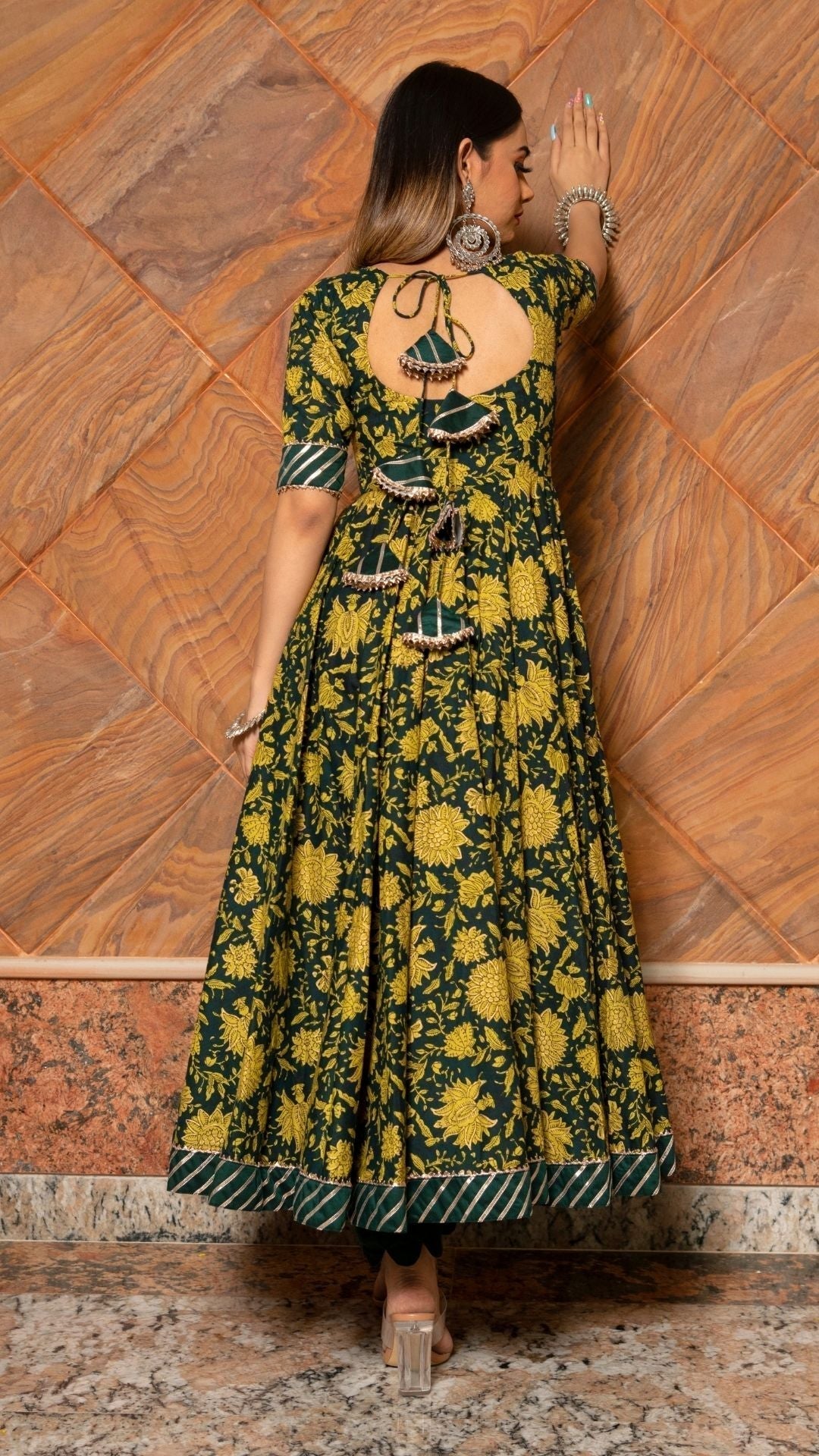 Pomcha Jaipur Idika Green Hand Block Anarkali Set 