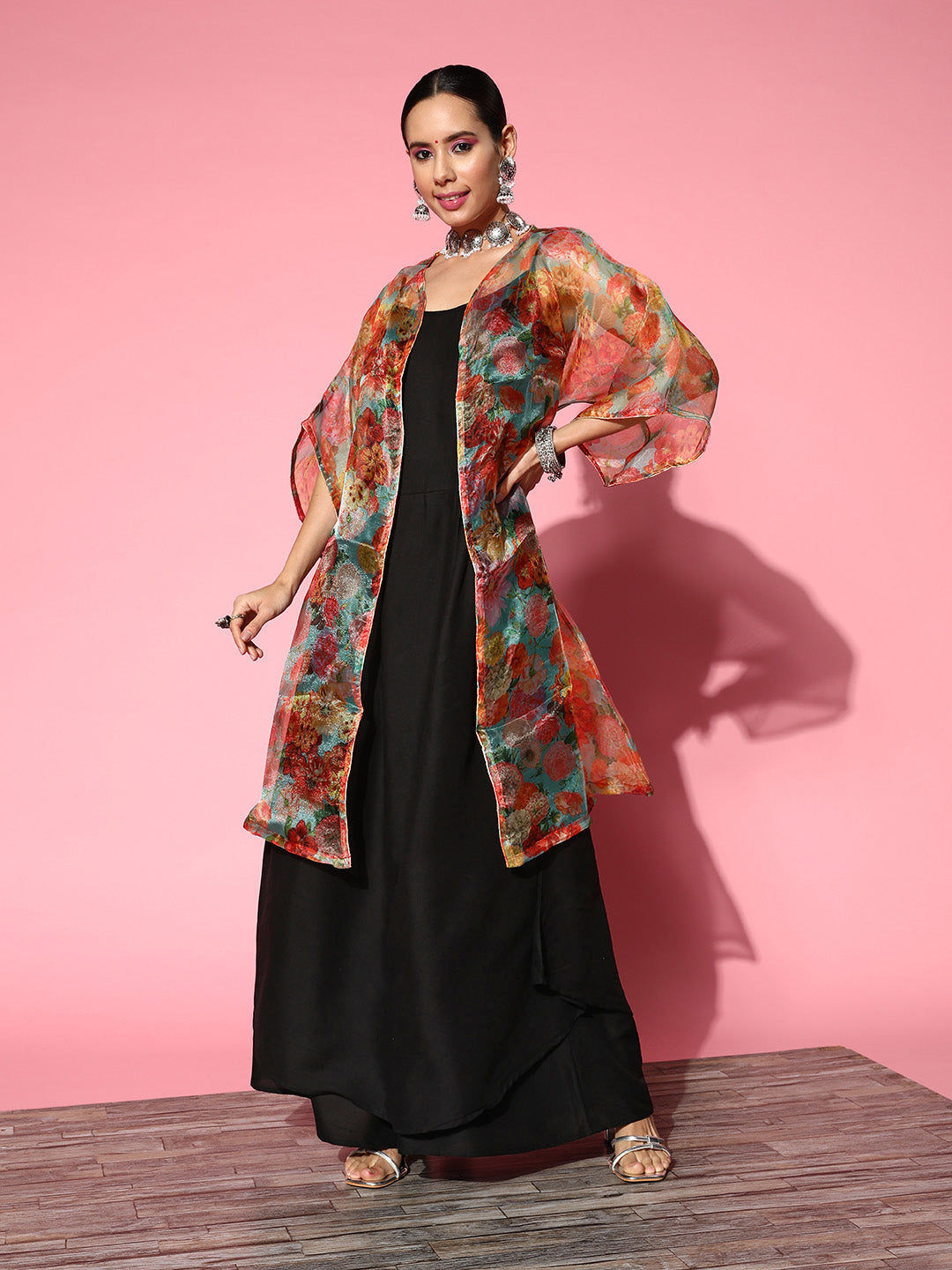 InWeave Black Strappy Set With Green Floral Organza Cape 