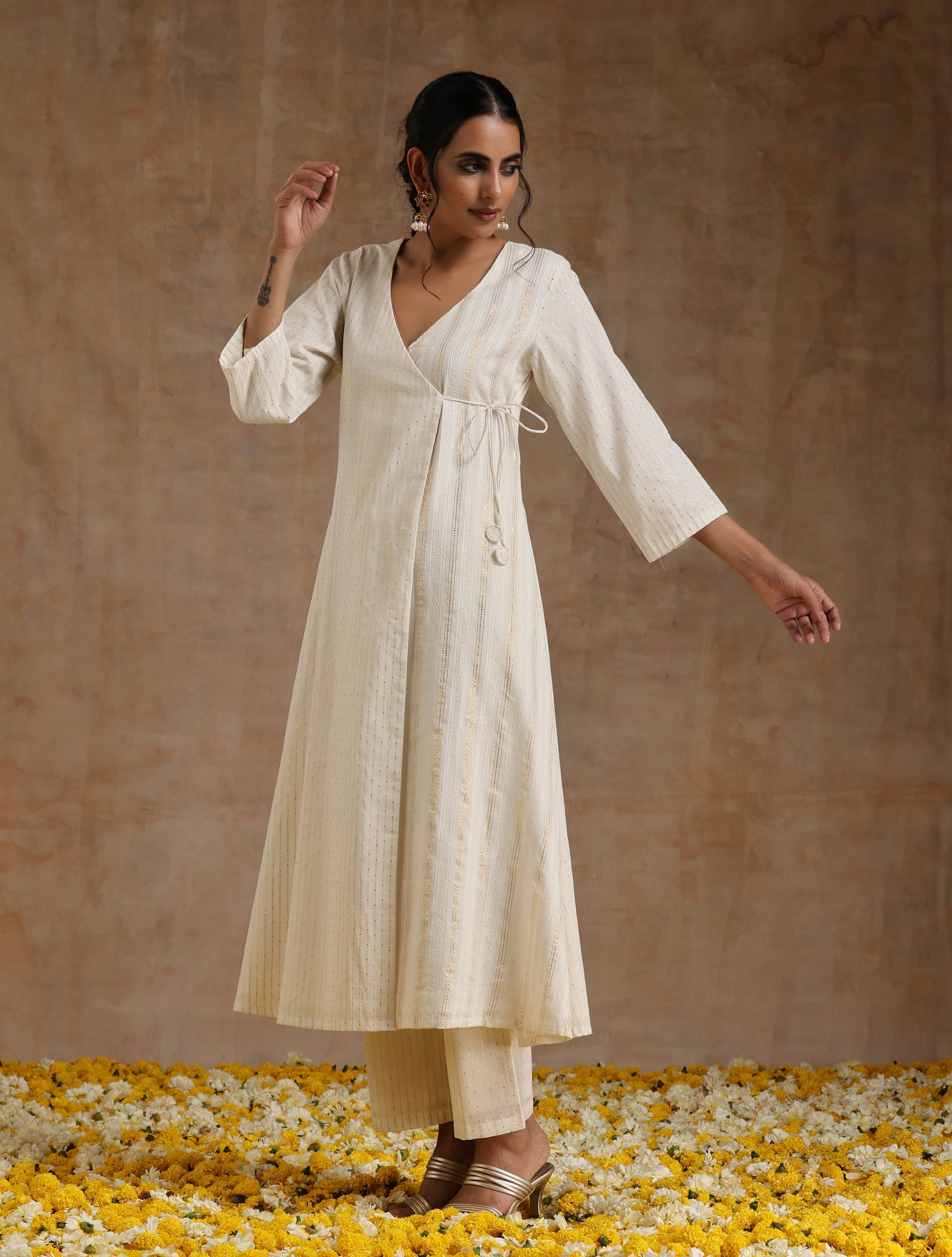 trueBrowns Ivory Gold Cotton Angrakha Kurta Set 