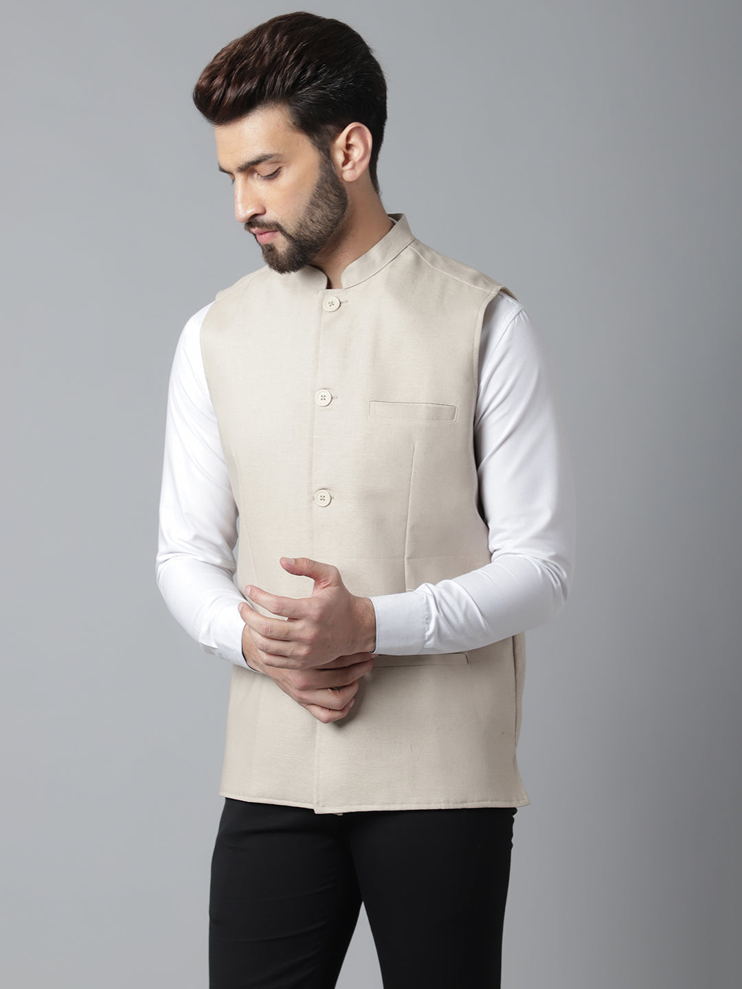 Even Apparels Men's Cream Nehru Jacket With Welt Pockets 