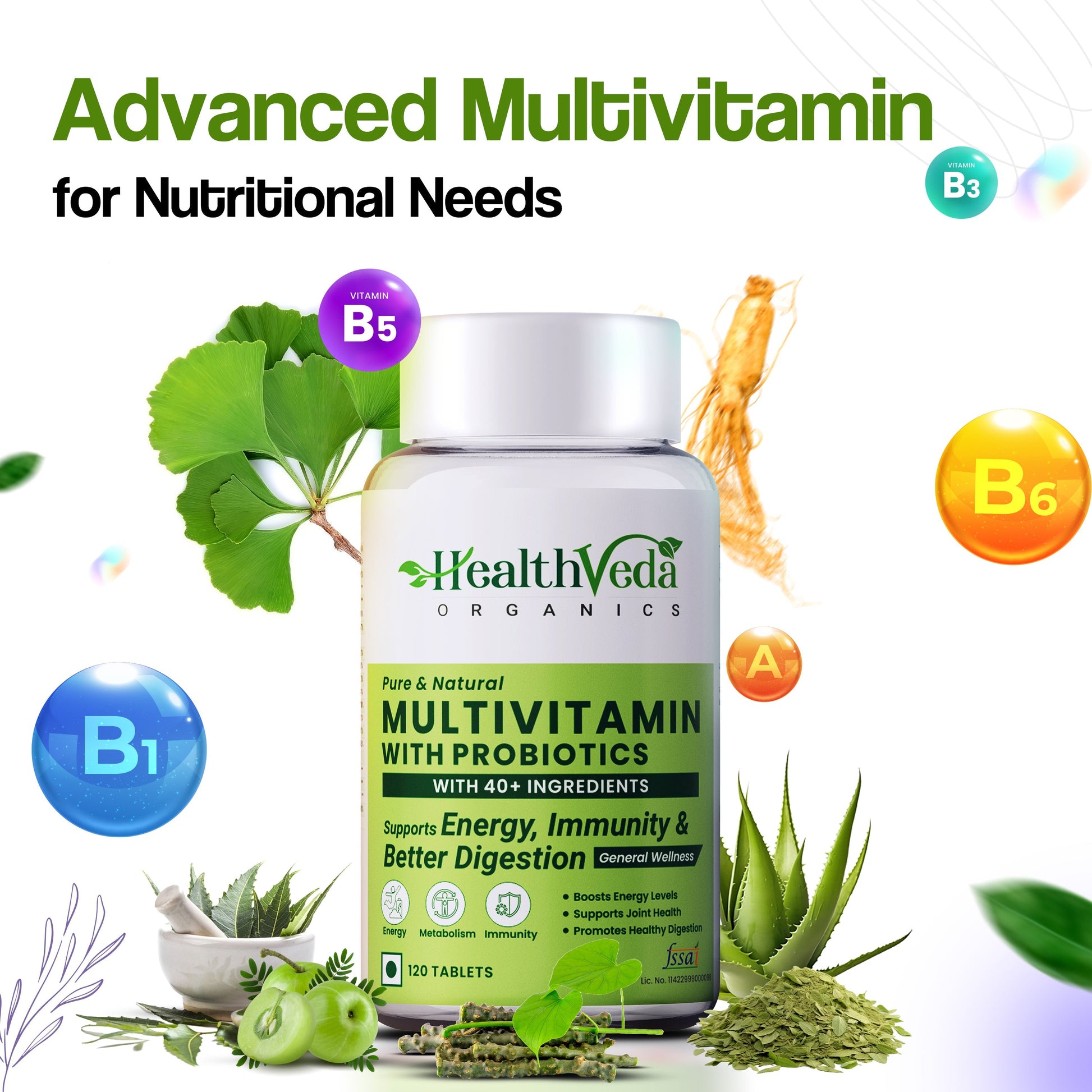 Health Veda Organics Multivitamin Tablets with Probiotics for both Men & Women 