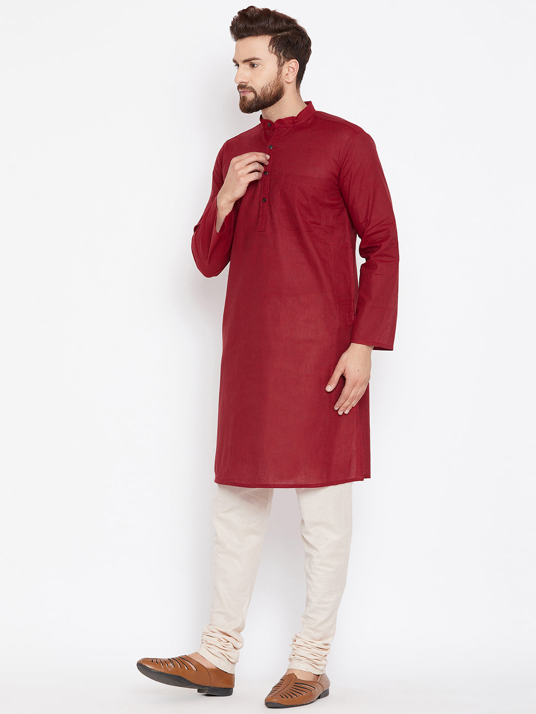 Even Apparels Maroon Pure Cotton Kurta With Band Collar 