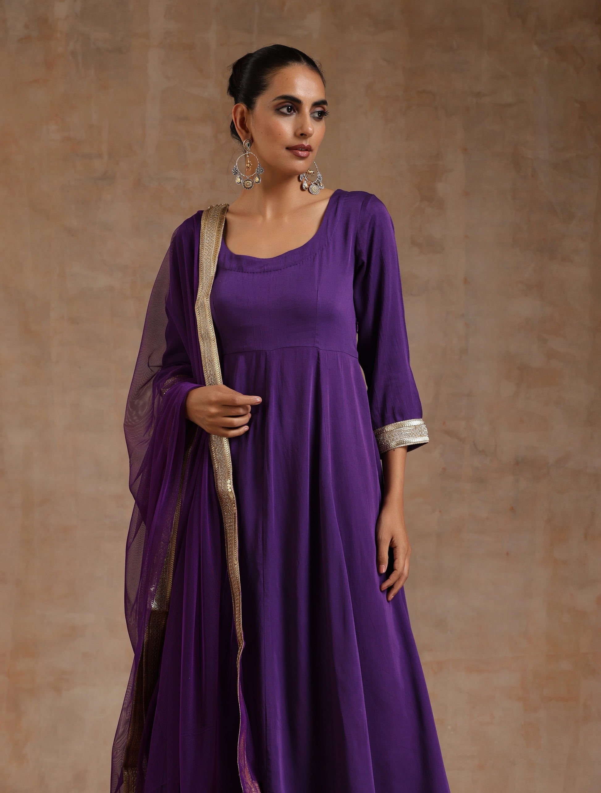 trueBrowns Violet Modal Satin Anarkali Set 