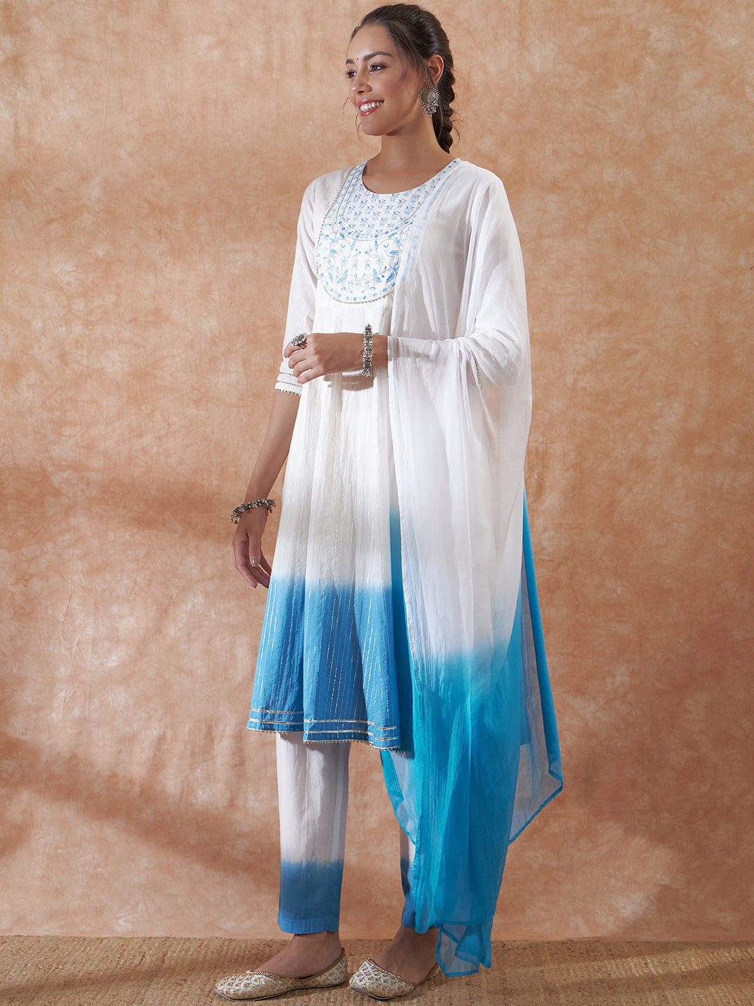 InWeave Women's White Lurex Blue Dye Patch Gota Anarkali Kurta Set W Dupatta 