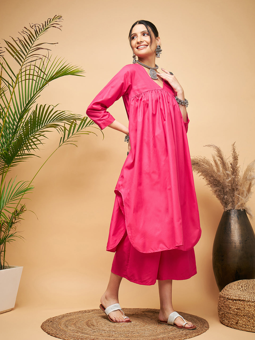 InWeave Women's Fuchsia Flared Kurta Palazzo Set 