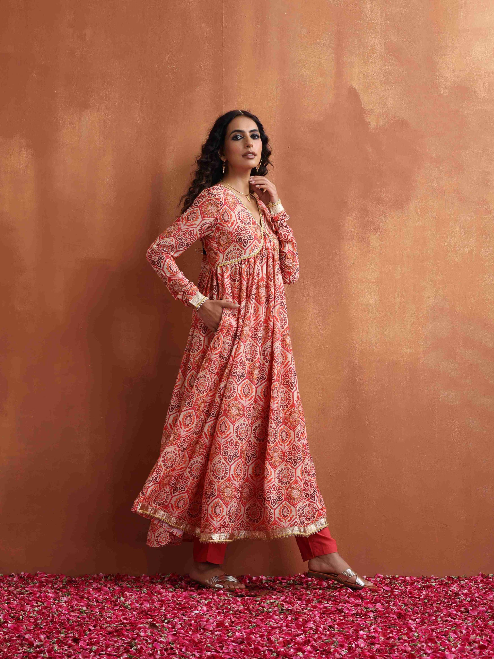 trueBrowns Beige Print Flared Anarkali Kurta Set 