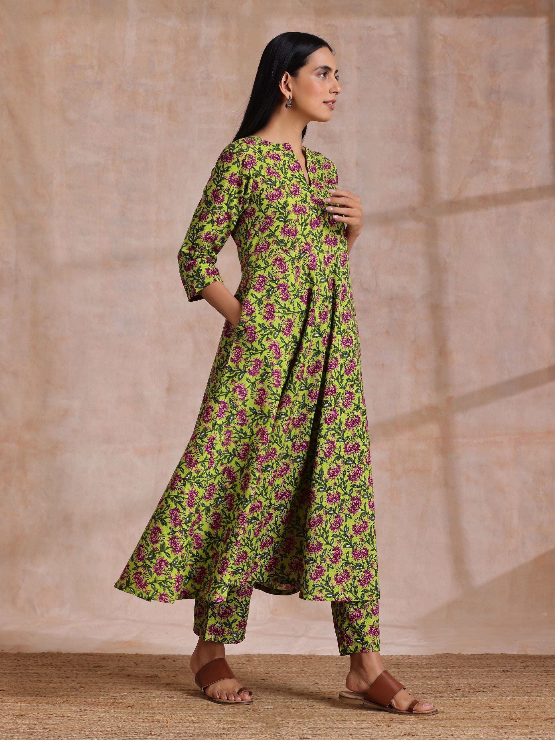 trueBrowns Lime Green Overall Pink Floral Block Print Cotton Flared Kurta Pant Set 