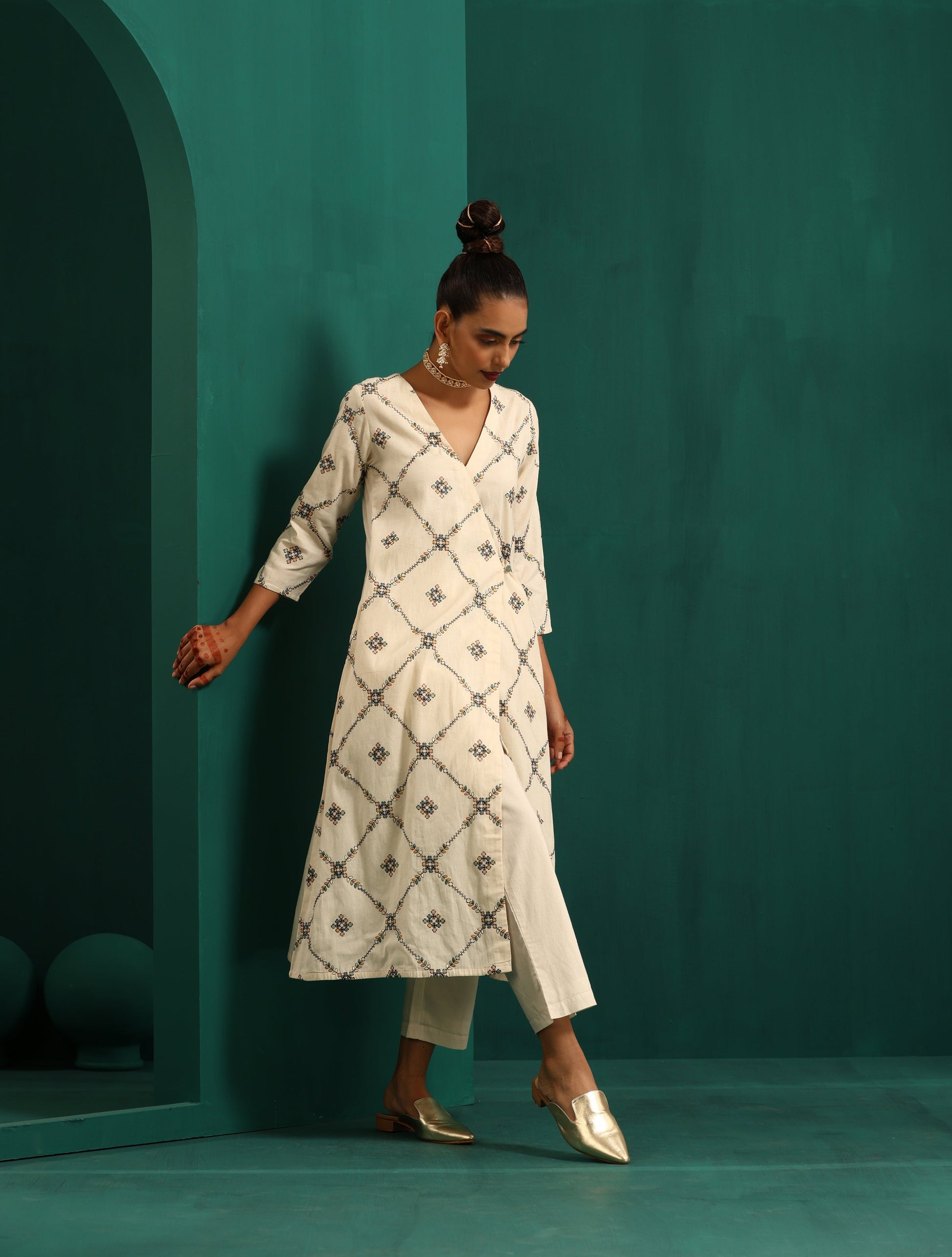 trueBrowns Ivory Rhombus Cotton Angrakha Kurta Pant Set 