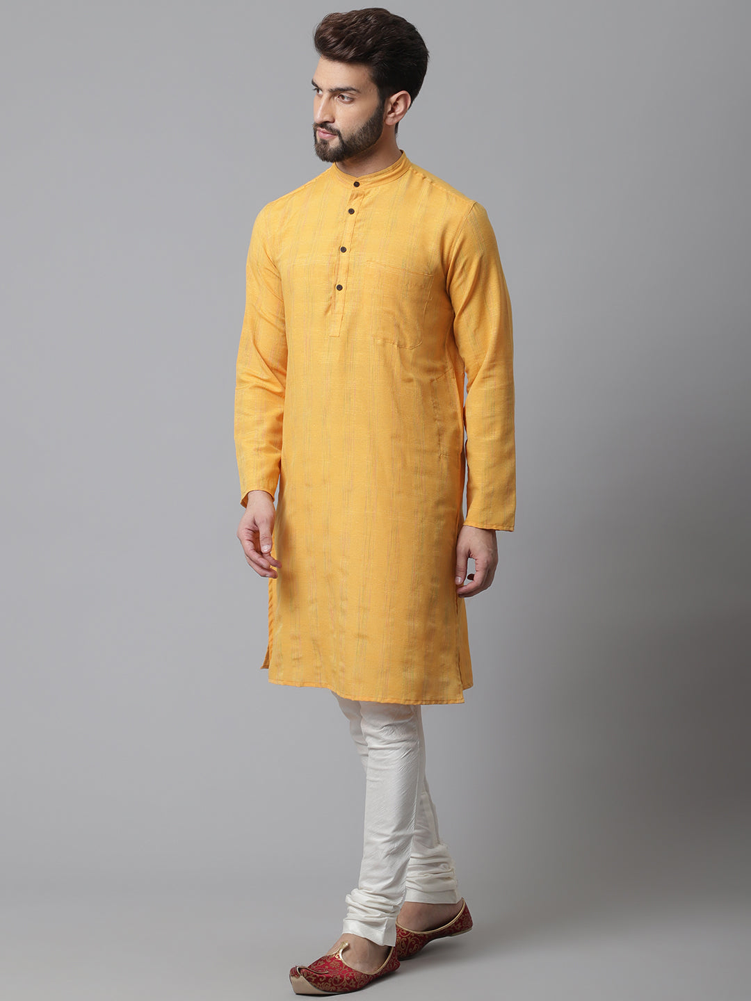 Even Apparels Yellow Kurta With Band Collar 