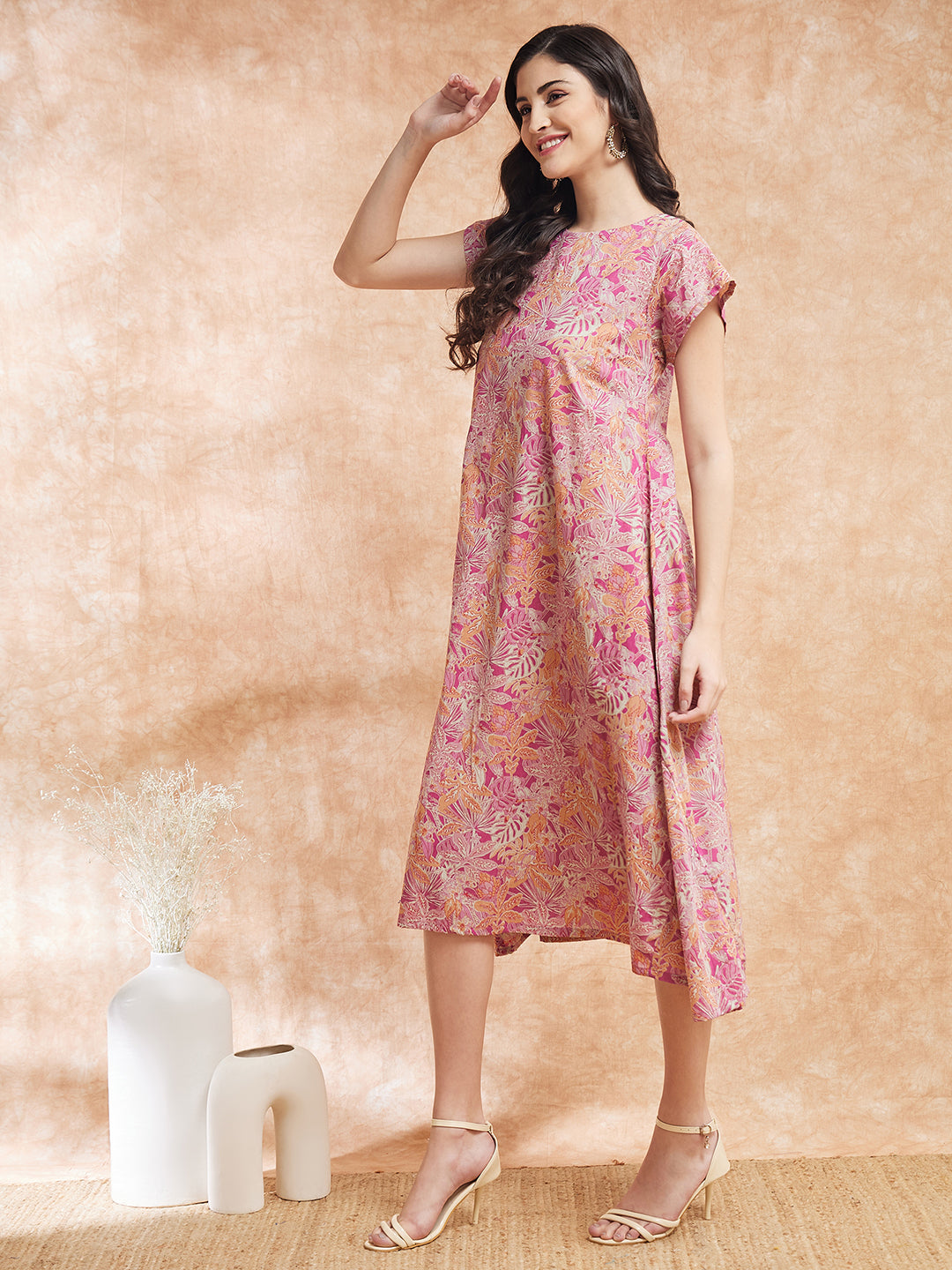 InWeave Women's Pink Coral Floral Print A Line Dress 