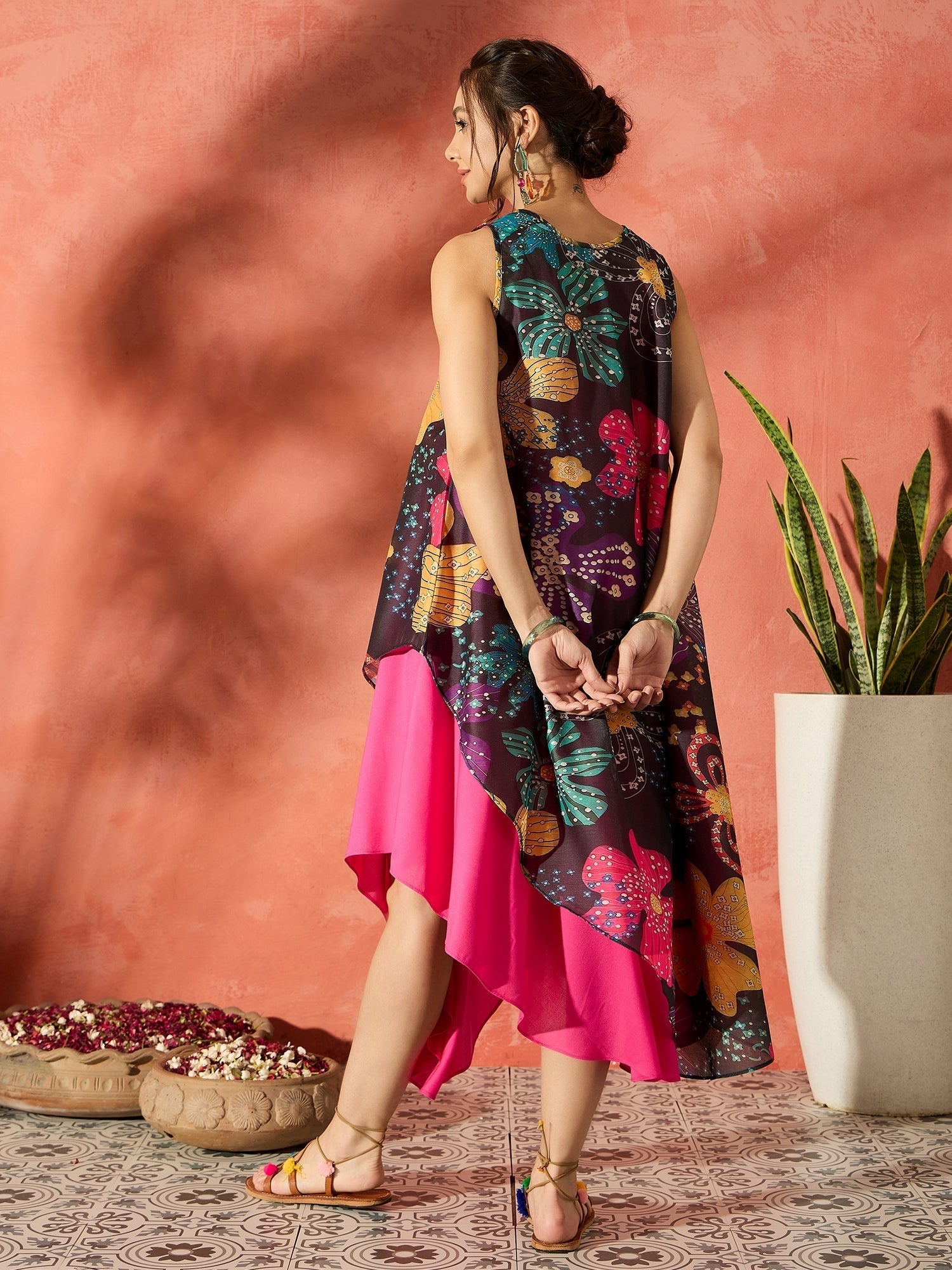 InWeave Black Floral Fuchsia Asymmetrical Dress 