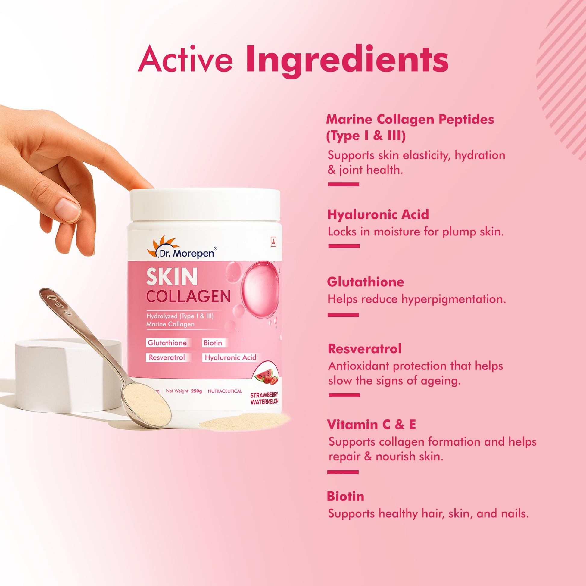 Dr. Morepen Skin Collagen Protein Powder With Hyaluronic Acid, Vitamin C, Sesbania & Biotin - Pineapple Flavour 