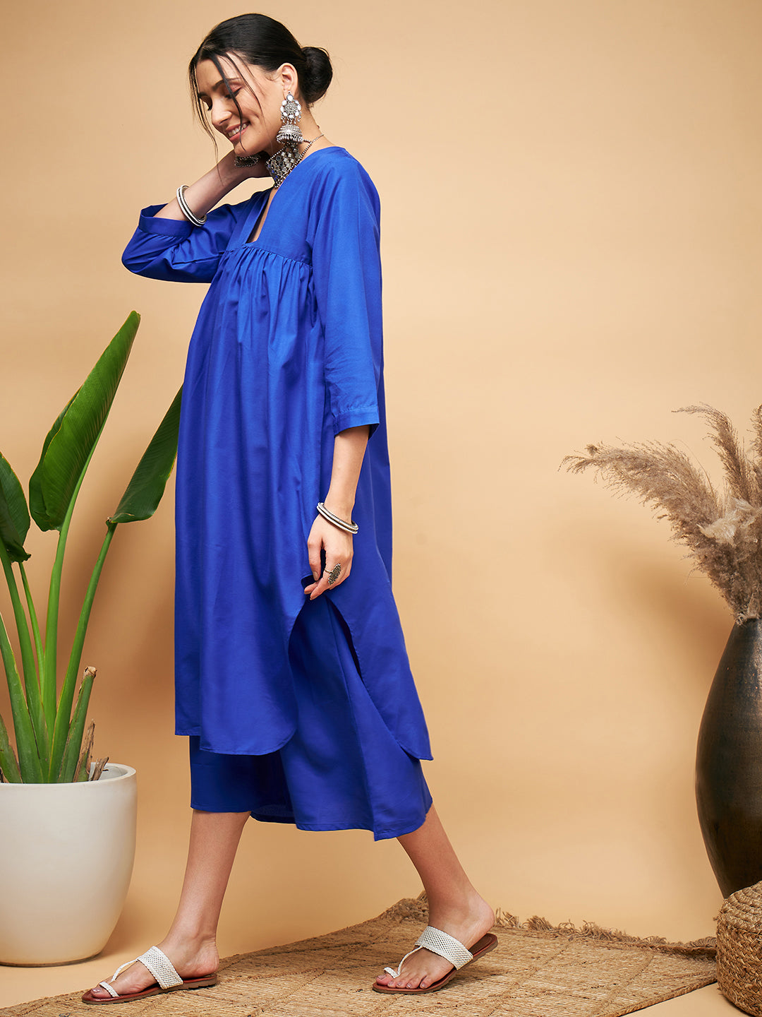 InWeave Women's Ink Blue Flared Kurta Palazzo Set 