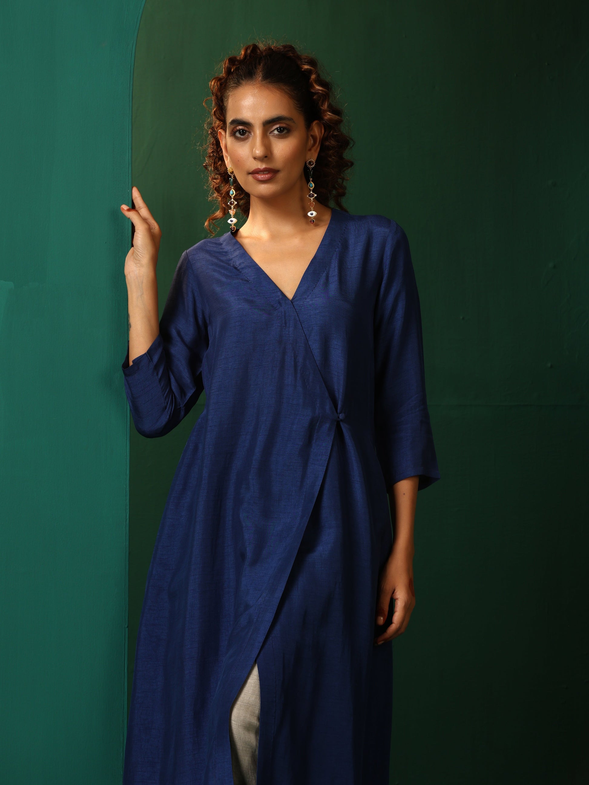 trueBrowns Blue Silk Angrakha Kurta Pant Set 
