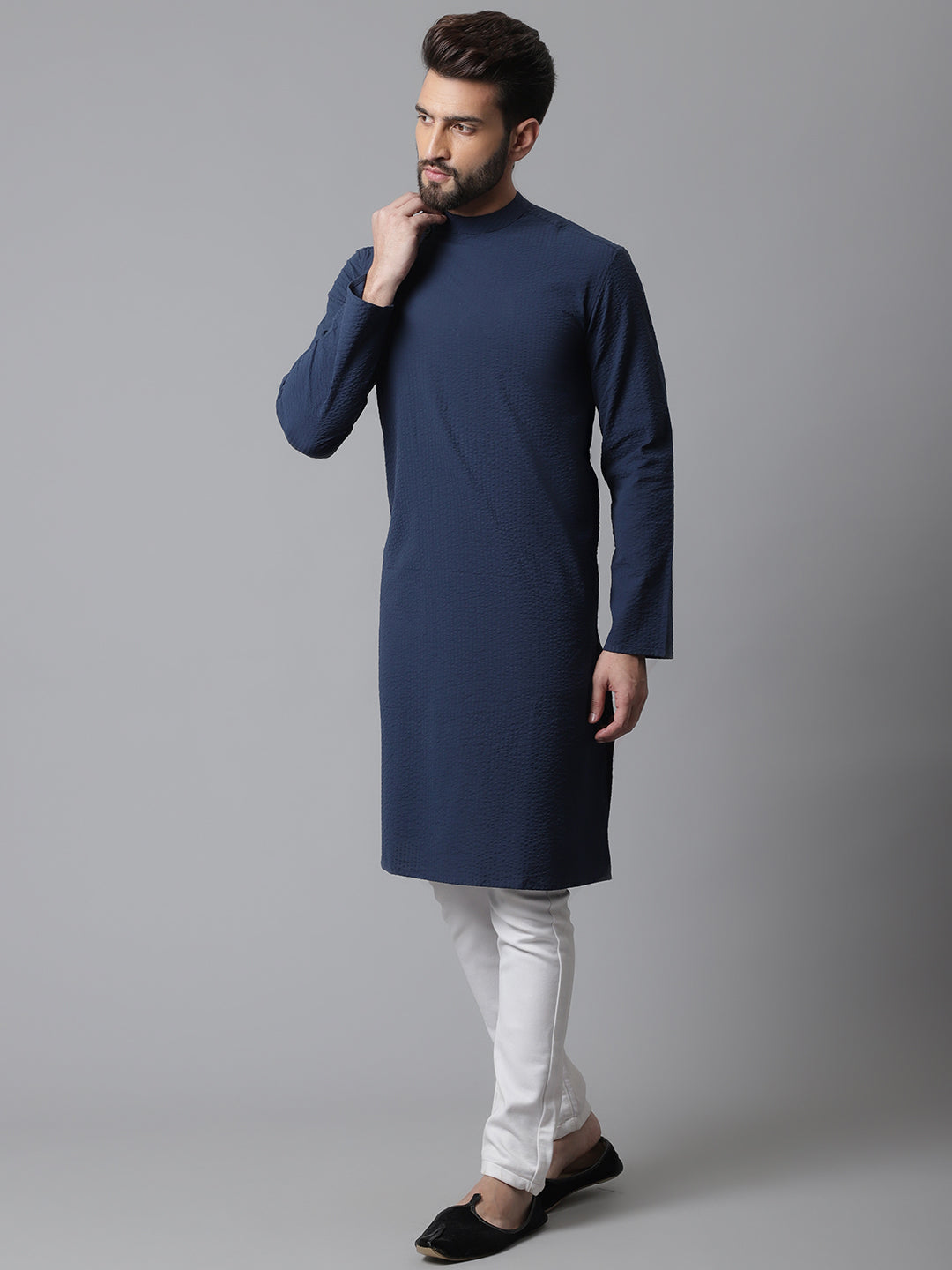 Even Apparels Blue Solid Kurta With Band Collar 