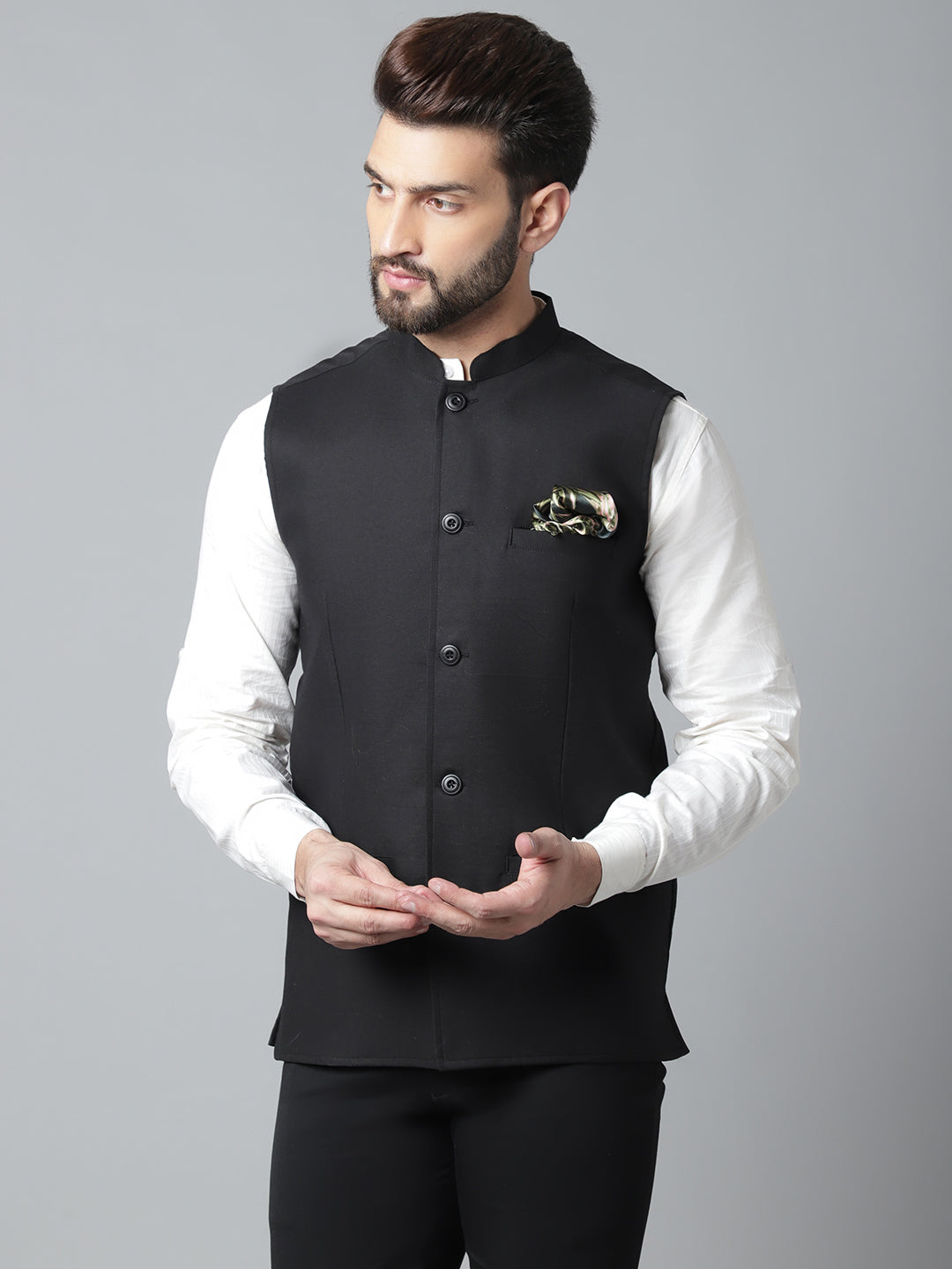 Even Apparels Men's Black Nehru Jacket With Welt Pockets 