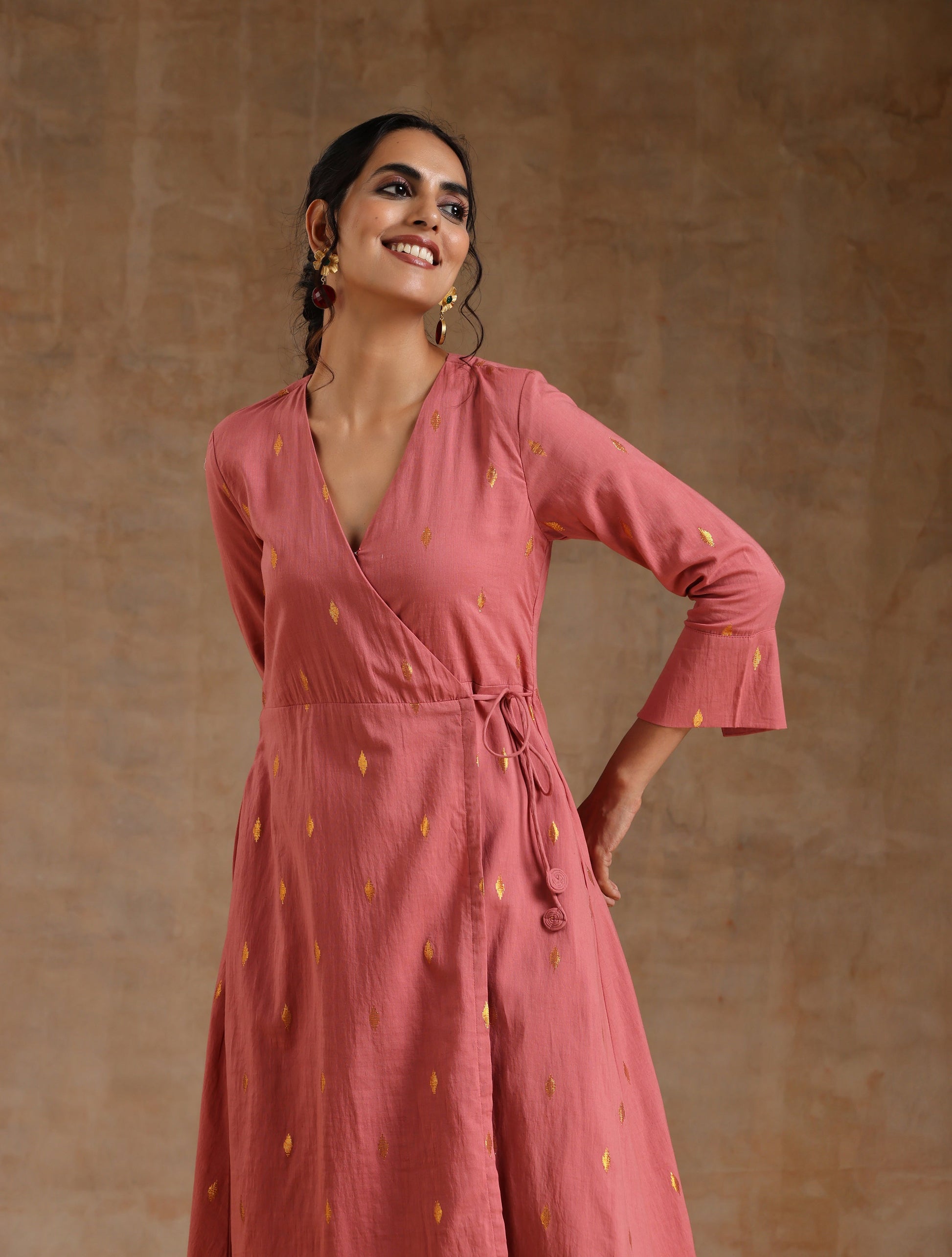 trueBrowns Blush Gold Cotton Angrakha Kurta Set 