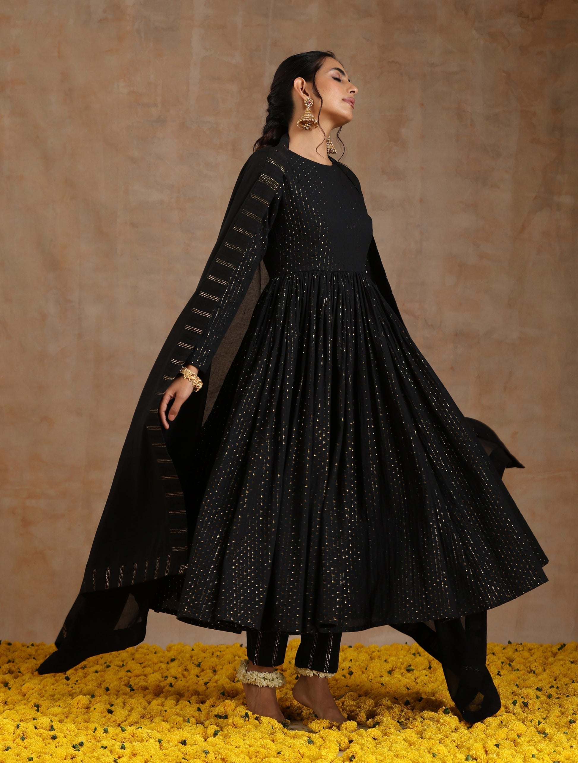 trueBrowns Black Gold Cotton Anarkali Set 