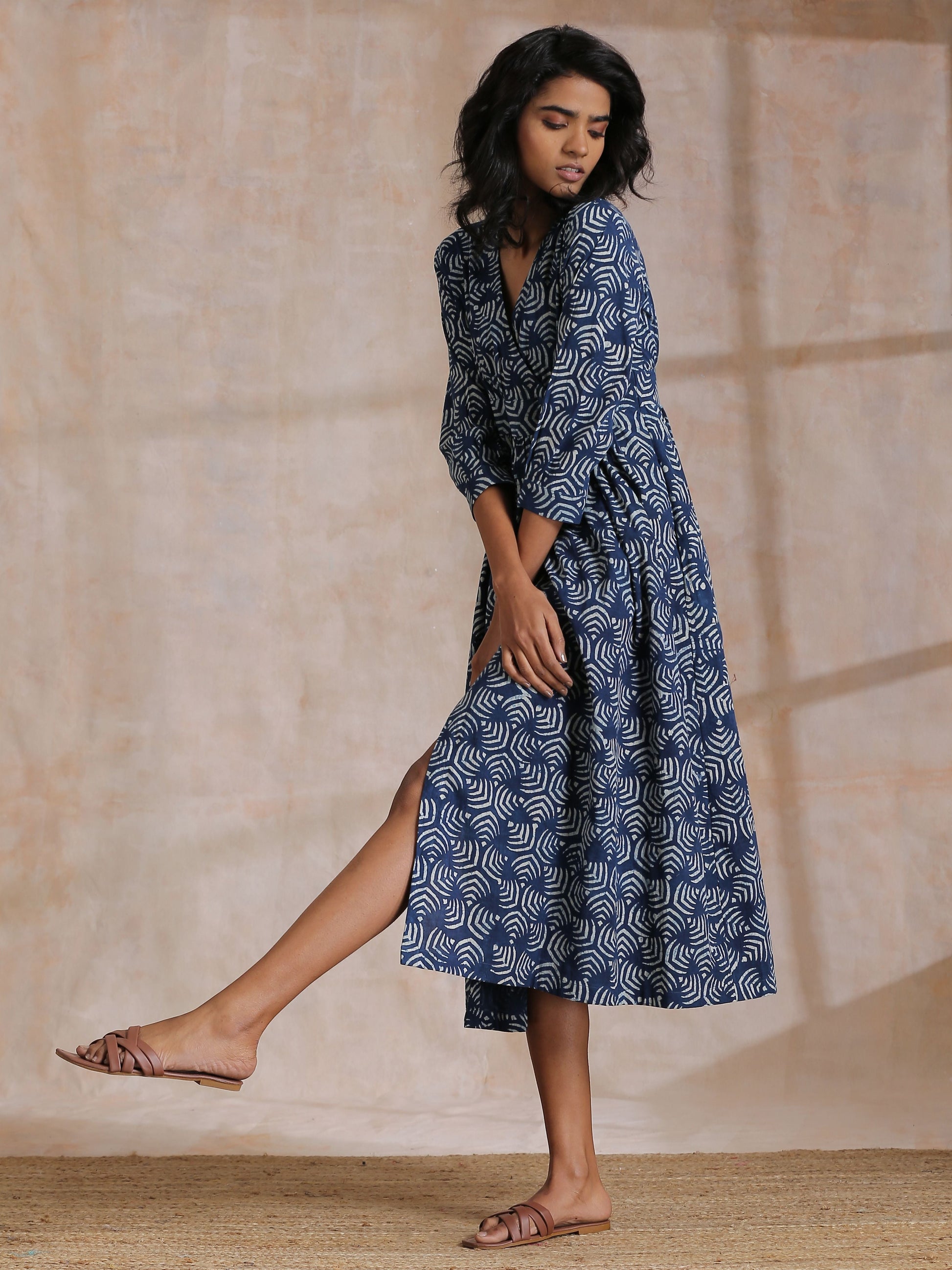 trueBrowns Indigo Dabu Overall Print Cotton Wrap Dress 
