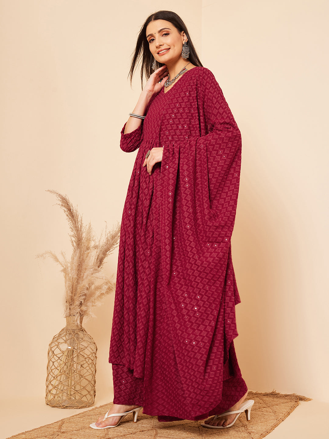 InWeave Women's Maroon Chikankari Long Anarkali Kurta Palazzo Set W Dupatta 