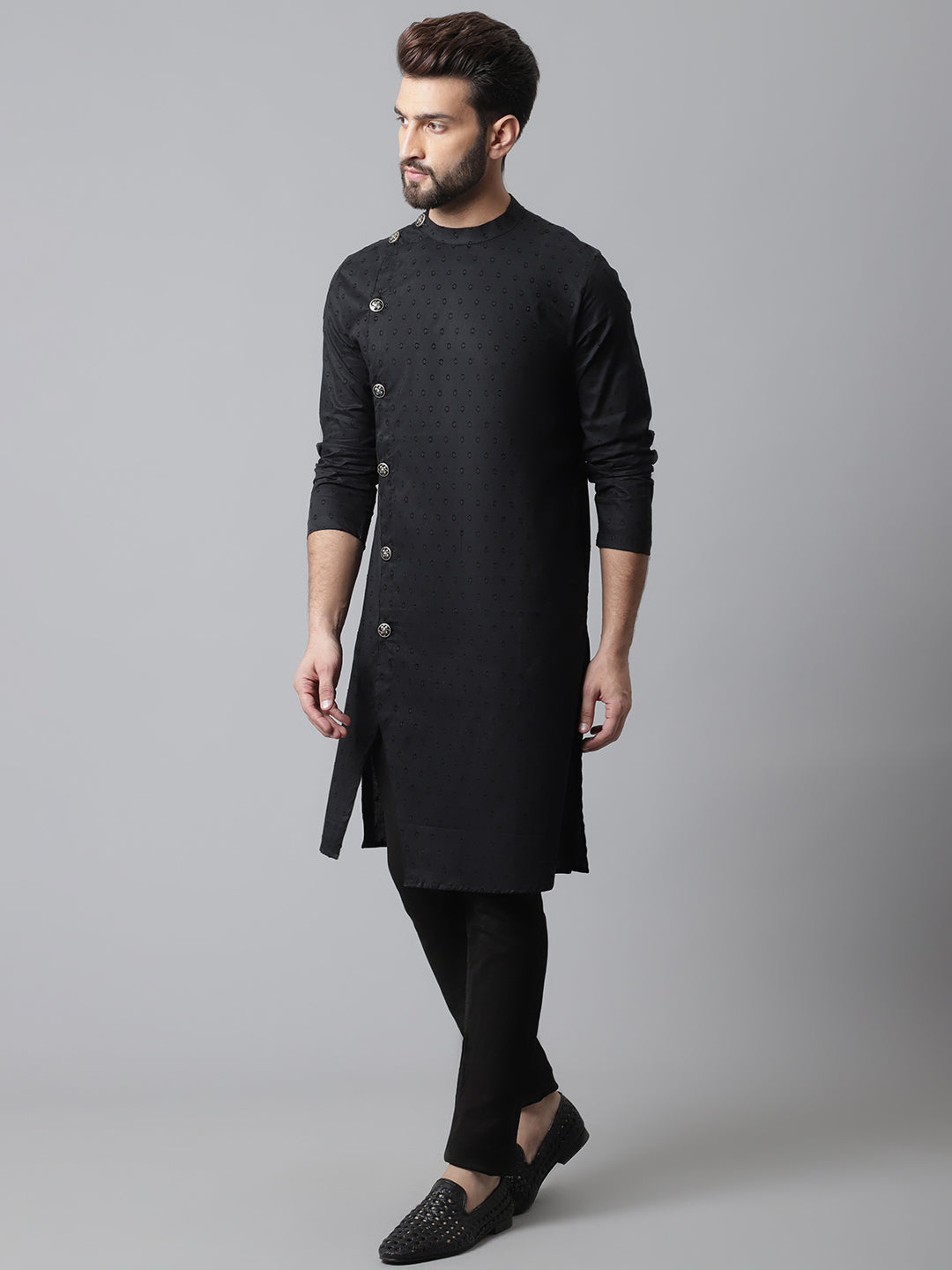 Even Apparels Black Pure Cotton Kurta With Band Collar 