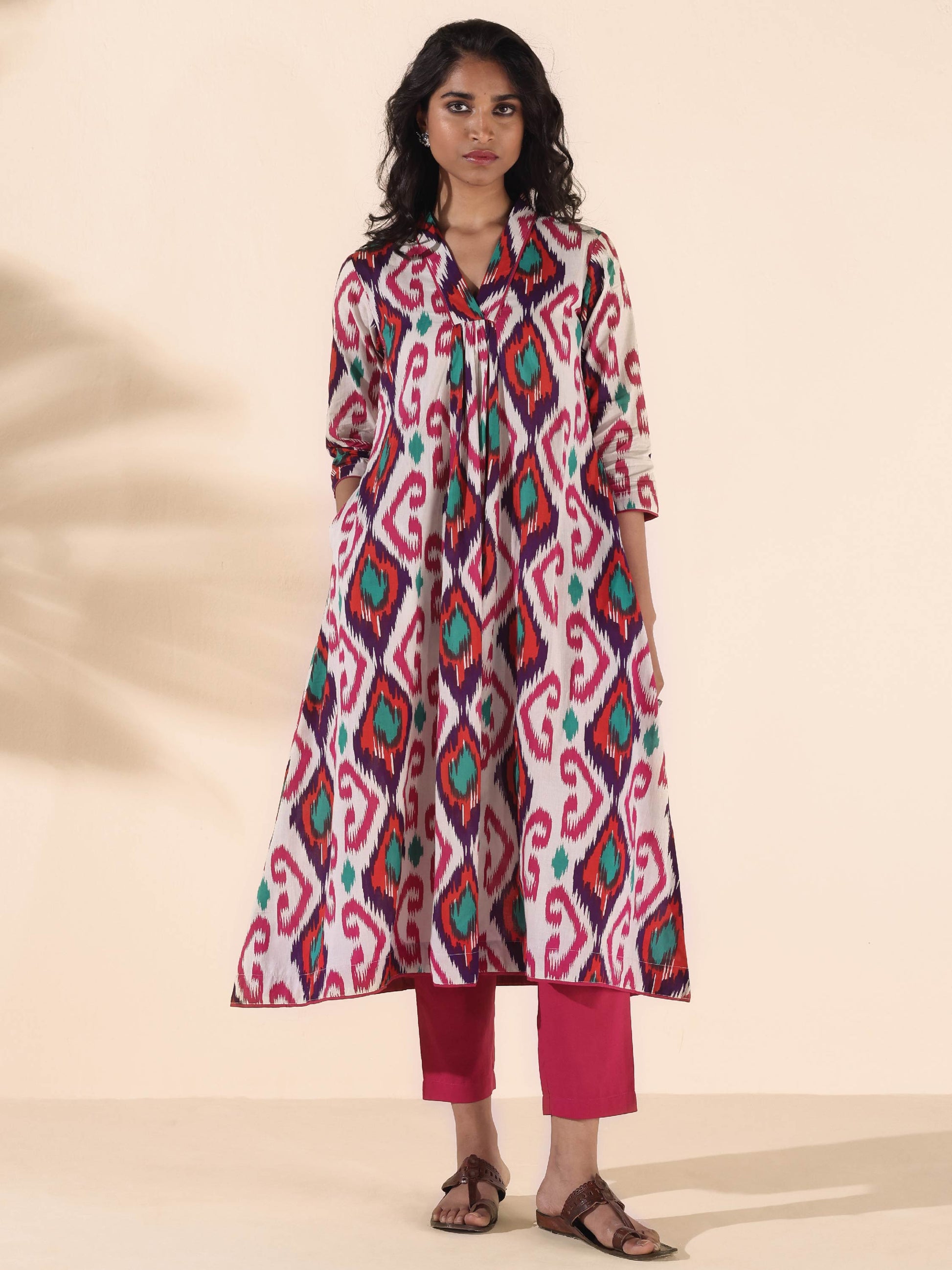 trueBrowns Pink Cotton Ikat Flared Kurta Pant Set 