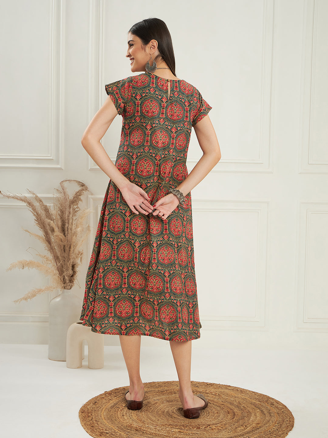 InWeave Women's Green Red Mughal Kalamkari A Line Dress 