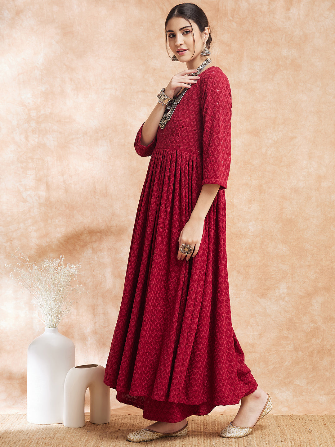 InWeave Women's Maroon Chikankari Long Anarkali Kurta Sharara Set 