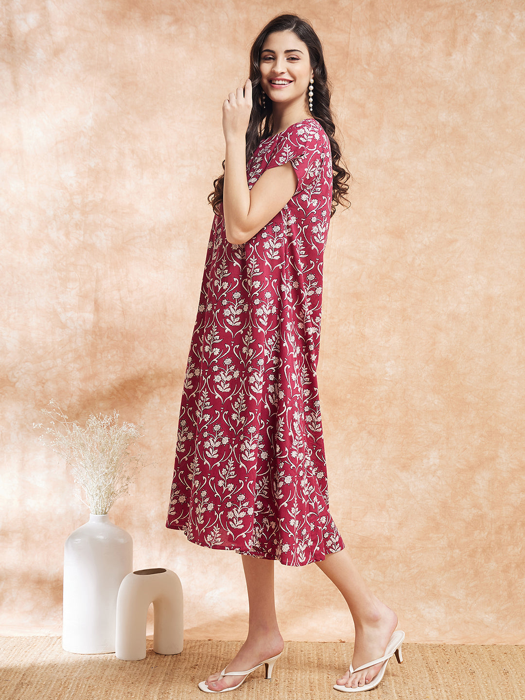 InWeave Women's Wine Cream Floral Print A Line Dress 