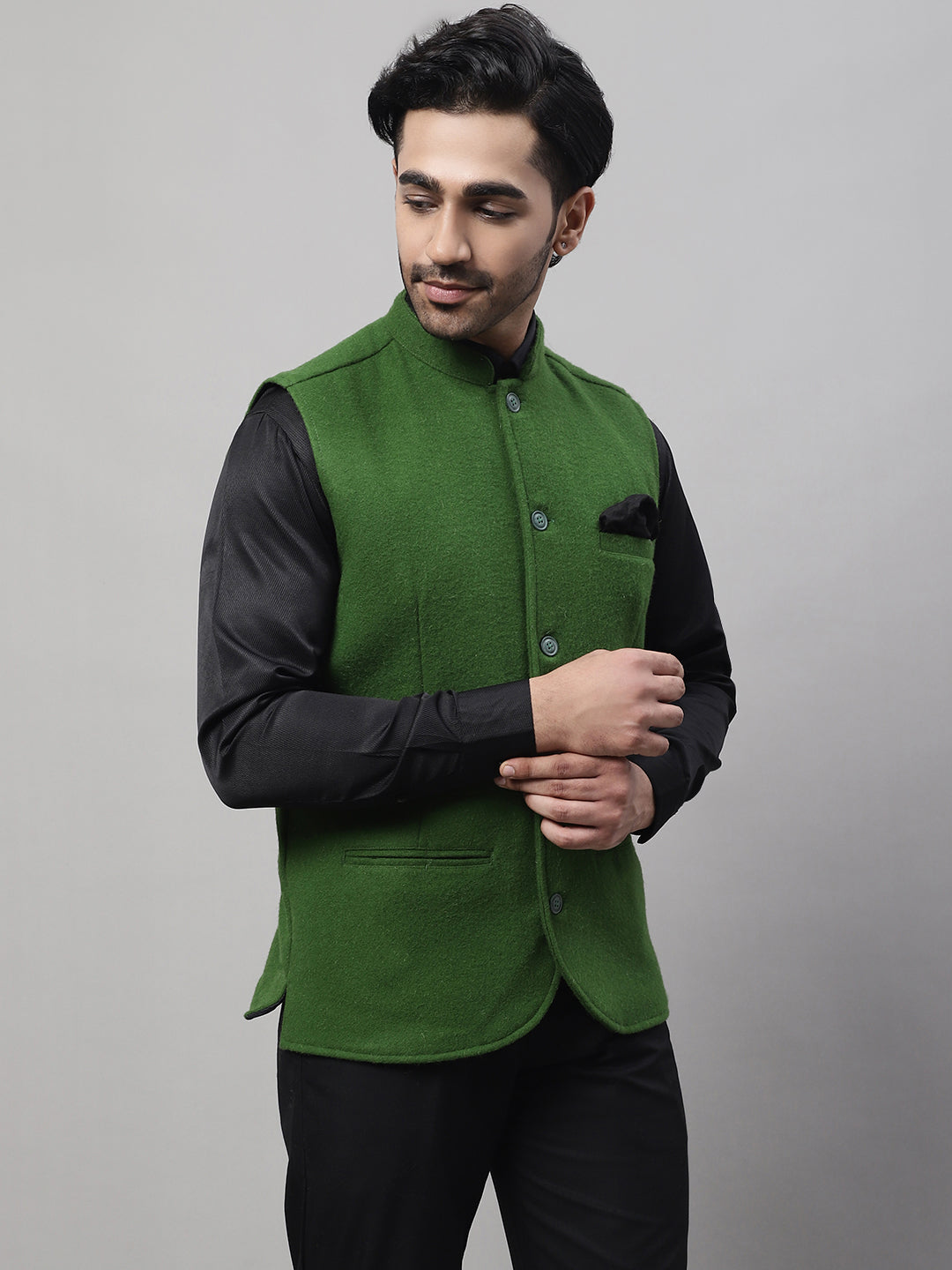 Even Apparels Men's Green Pure Wool Nehru Jacket 