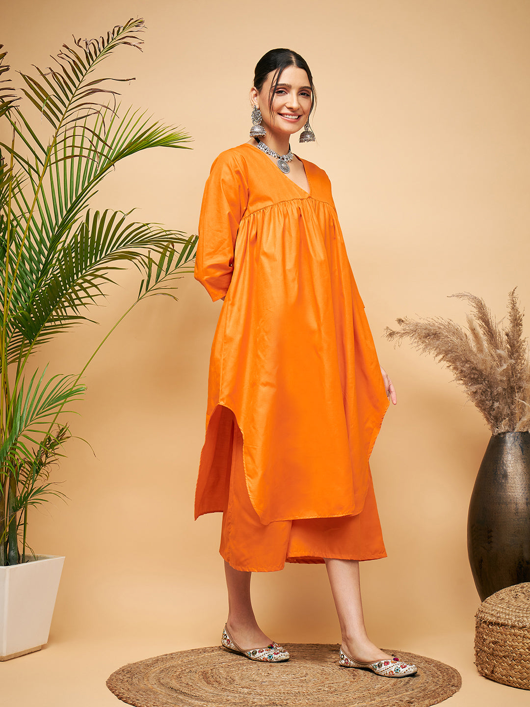 InWeave Women's Orange Flared Kurta Palazzo Set 