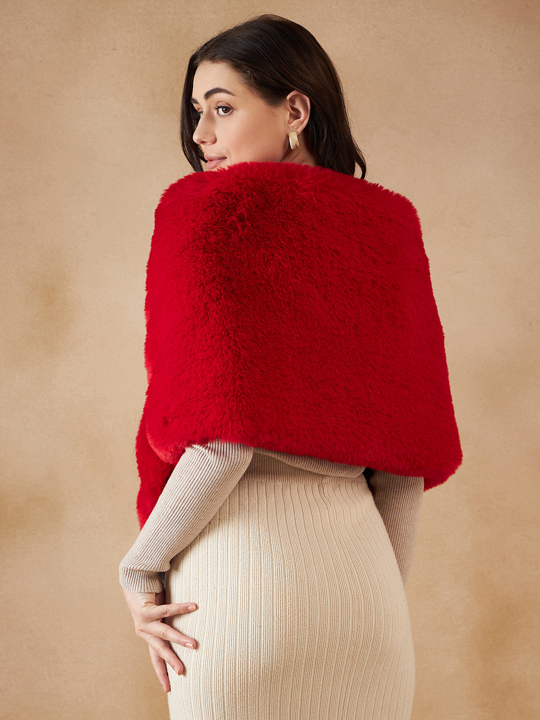 InWeave Women's Cherry Red Long Faux Fur Cape 