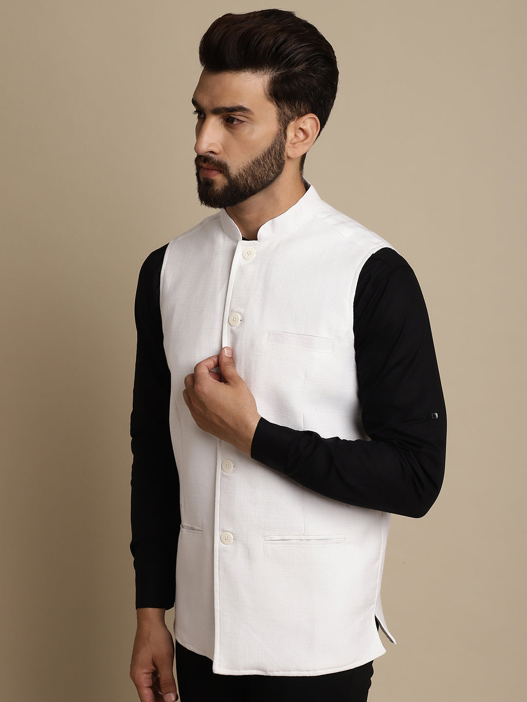Even Apparels Men's White Mandarin Collar Waistcoat 